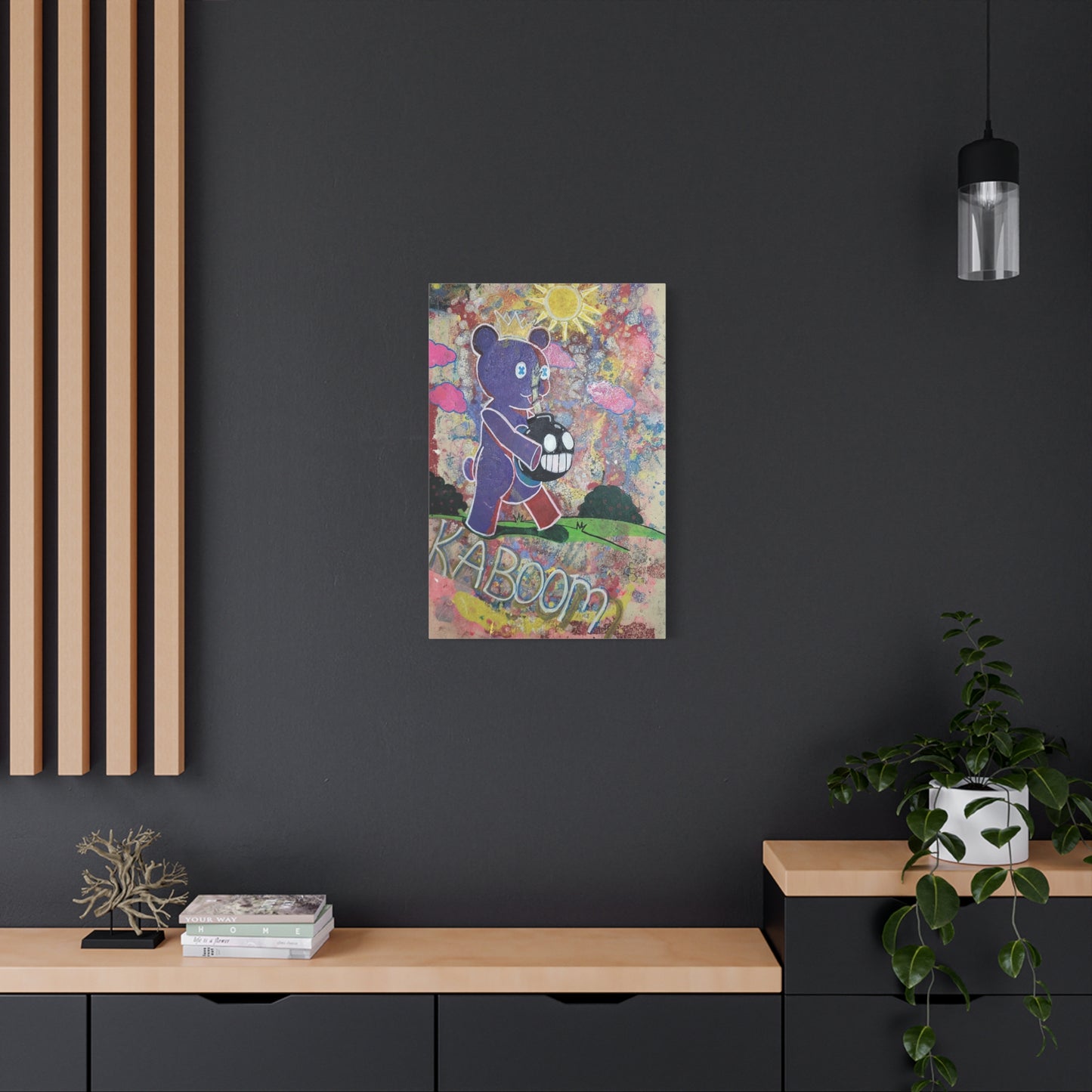 Teddy Bear’s Picnic Stretched Matte Canvas — Cute-but-Edgy Crowned Bear with Smiling Bomb Artwork