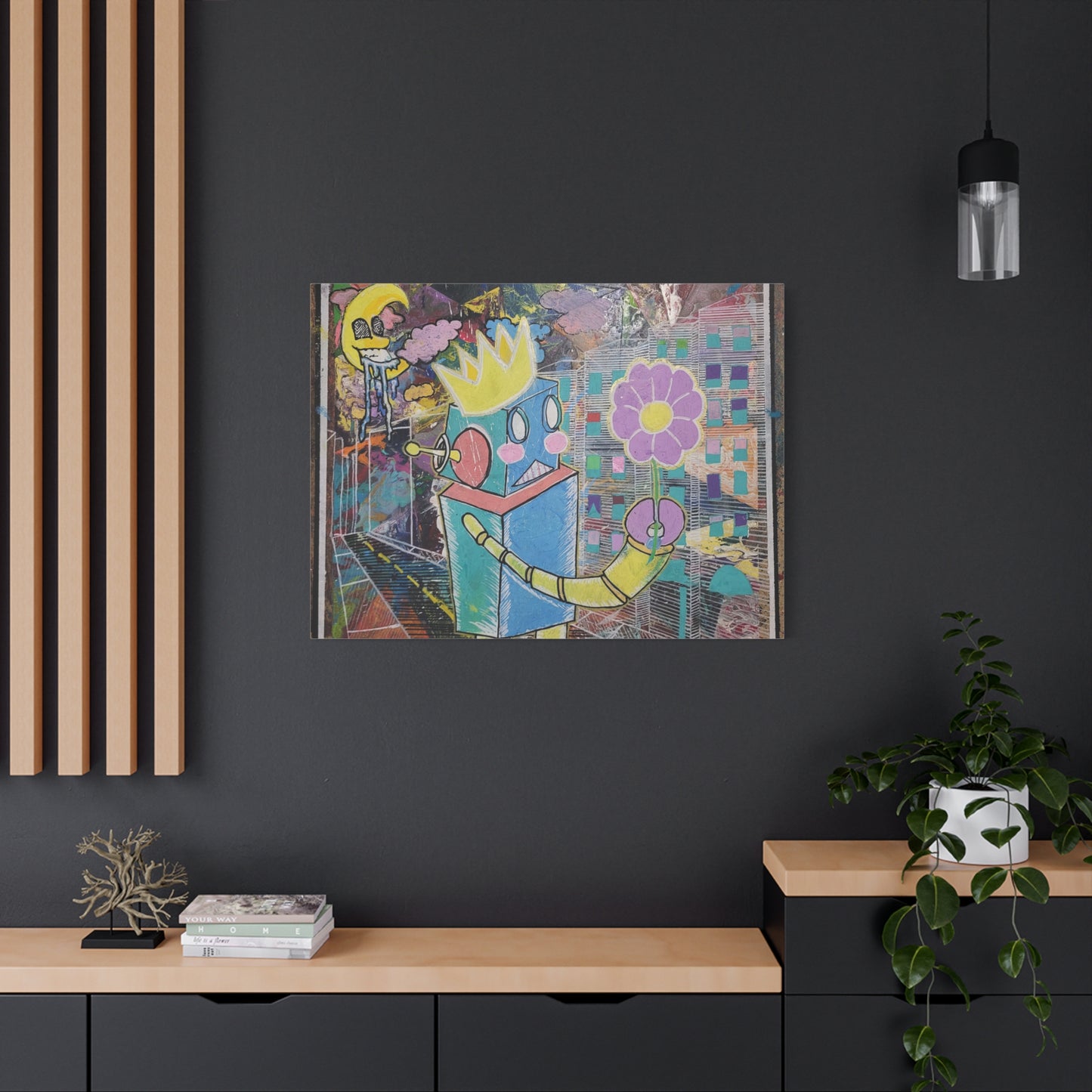 Whimsical Robot Matte Canvas Art — Playful Blue & Yellow Robot with Flower on Geometric Abstract Background