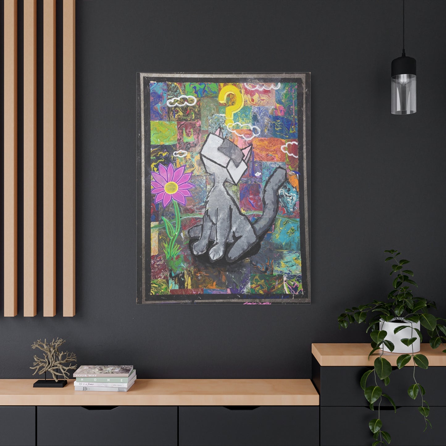 A Curious Cubed Cat Matte Canvas Art - Pop Surreal Cat with Yellow Question Mark