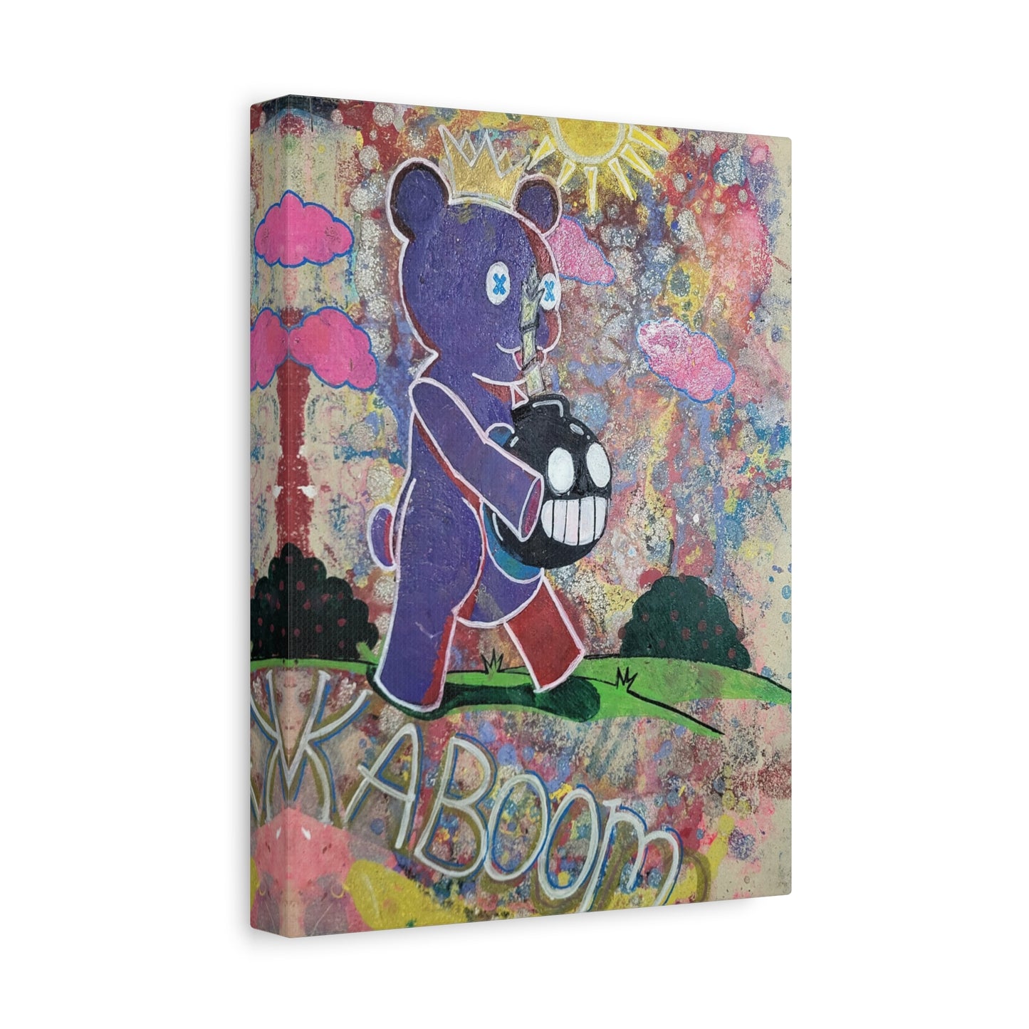 Teddy Bear’s Picnic Stretched Matte Canvas — Cute-but-Edgy Crowned Bear with Smiling Bomb Artwork