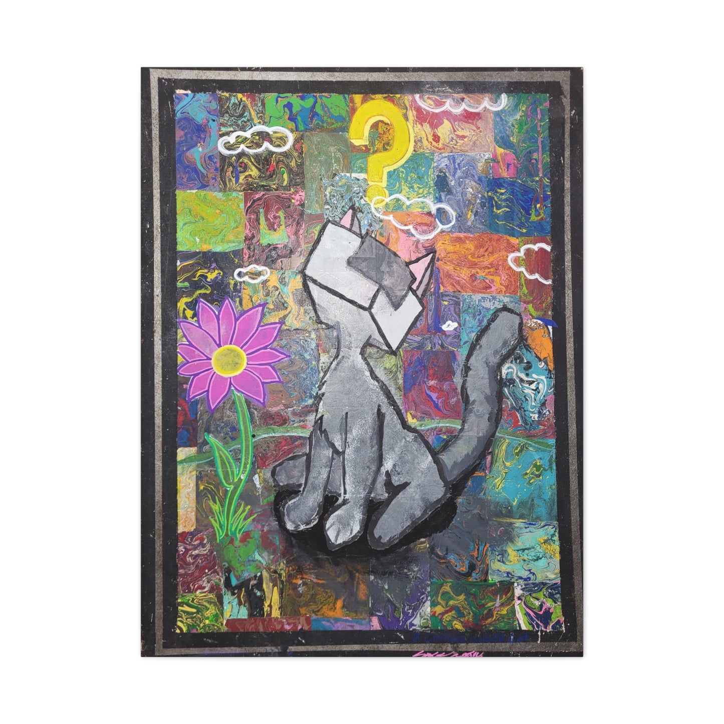 A Curious Cubed Cat Matte Canvas Art - Pop Surreal Cat with Yellow Question Mark