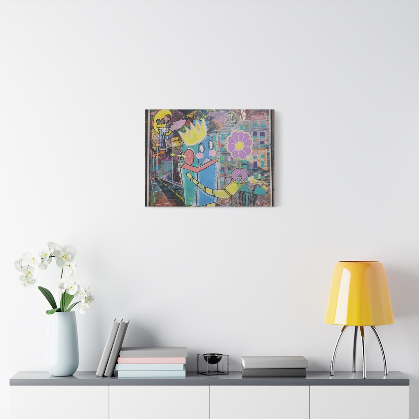 Whimsical Robot Matte Canvas Art — Playful Blue & Yellow Robot with Flower on Geometric Abstract Background