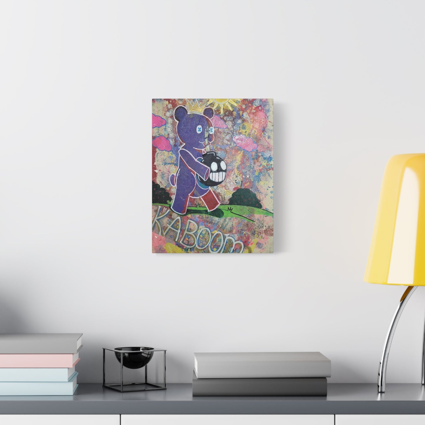 Teddy Bear’s Picnic Stretched Matte Canvas — Cute-but-Edgy Crowned Bear with Smiling Bomb Artwork