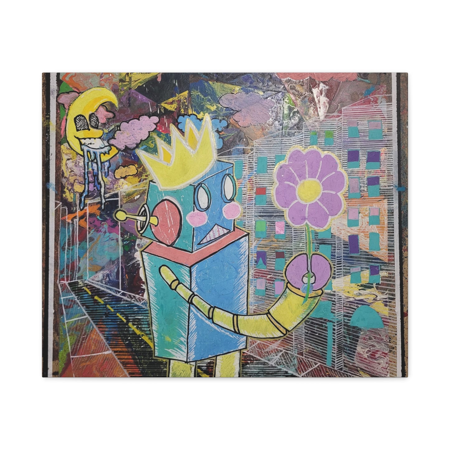 Whimsical Robot Matte Canvas Art — Playful Blue & Yellow Robot with Flower on Geometric Abstract Background