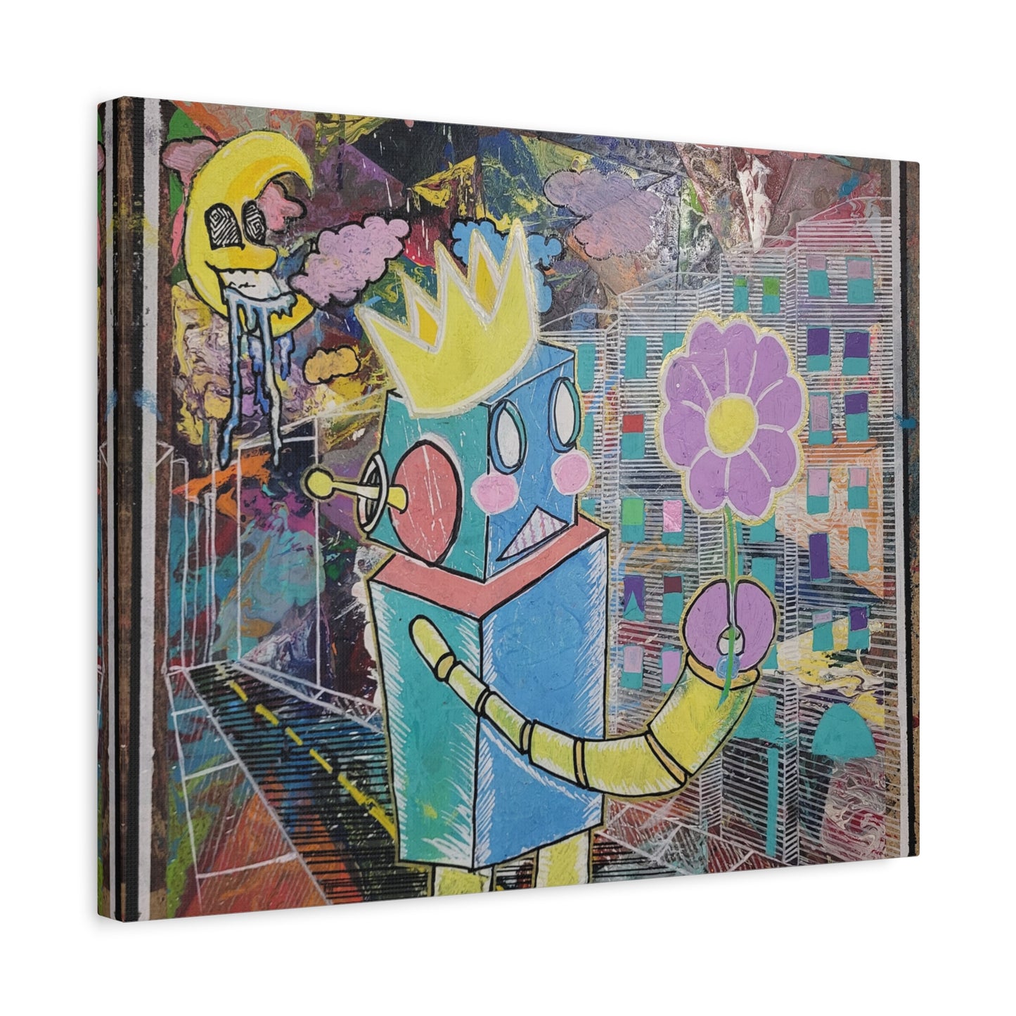 Whimsical Robot Matte Canvas Art — Playful Blue & Yellow Robot with Flower on Geometric Abstract Background