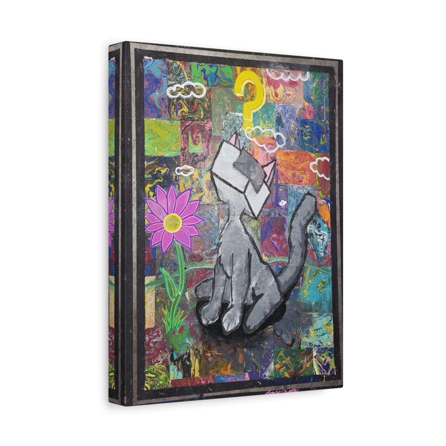 A Curious Cubed Cat Matte Canvas Art - Pop Surreal Cat with Yellow Question Mark