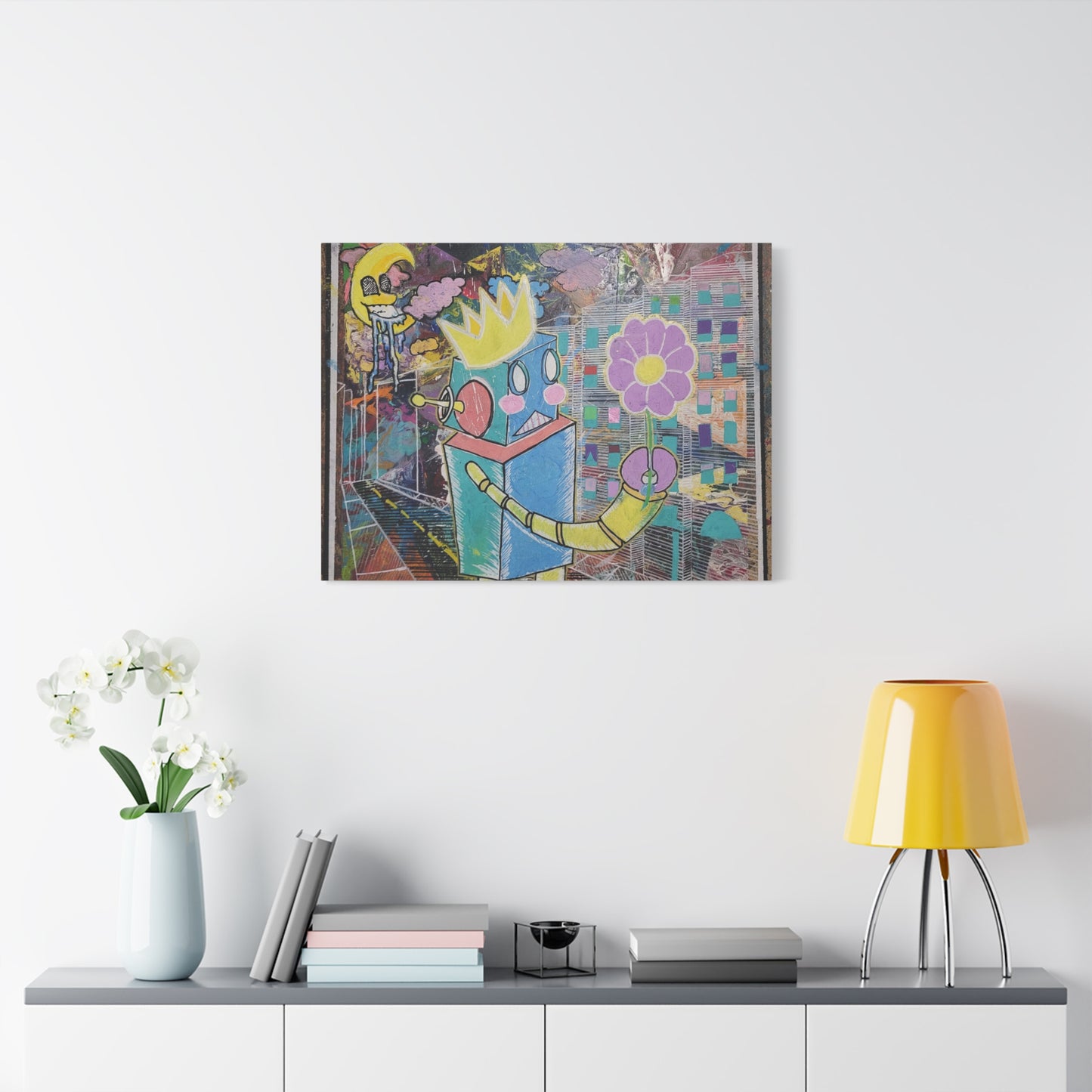 Whimsical Robot Matte Canvas Art — Playful Blue & Yellow Robot with Flower on Geometric Abstract Background