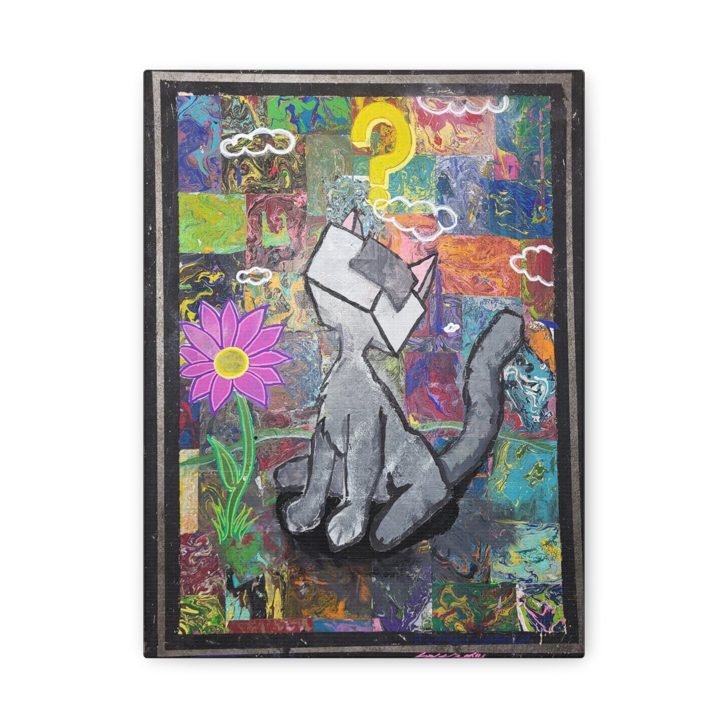 A Curious Cubed Cat Matte Canvas Art - Pop Surreal Cat with Yellow Question Mark