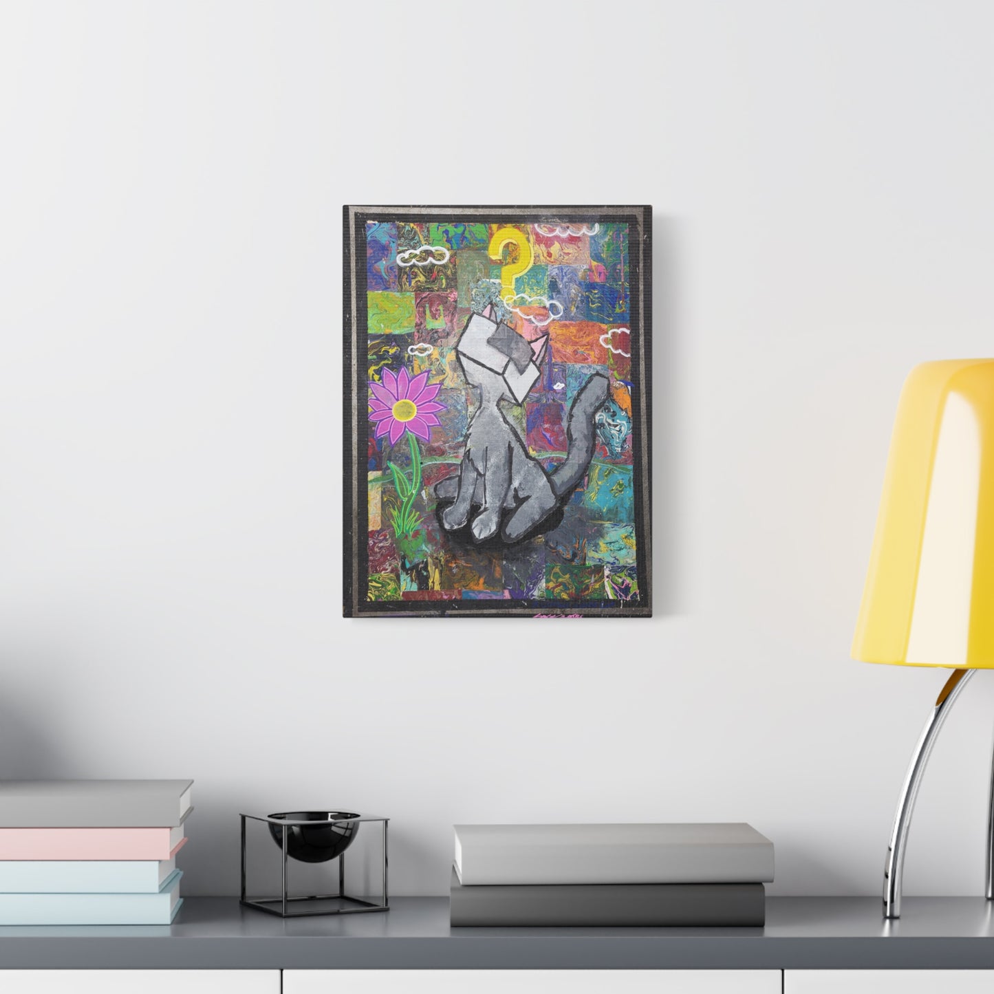 A Curious Cubed Cat Matte Canvas Art - Pop Surreal Cat with Yellow Question Mark