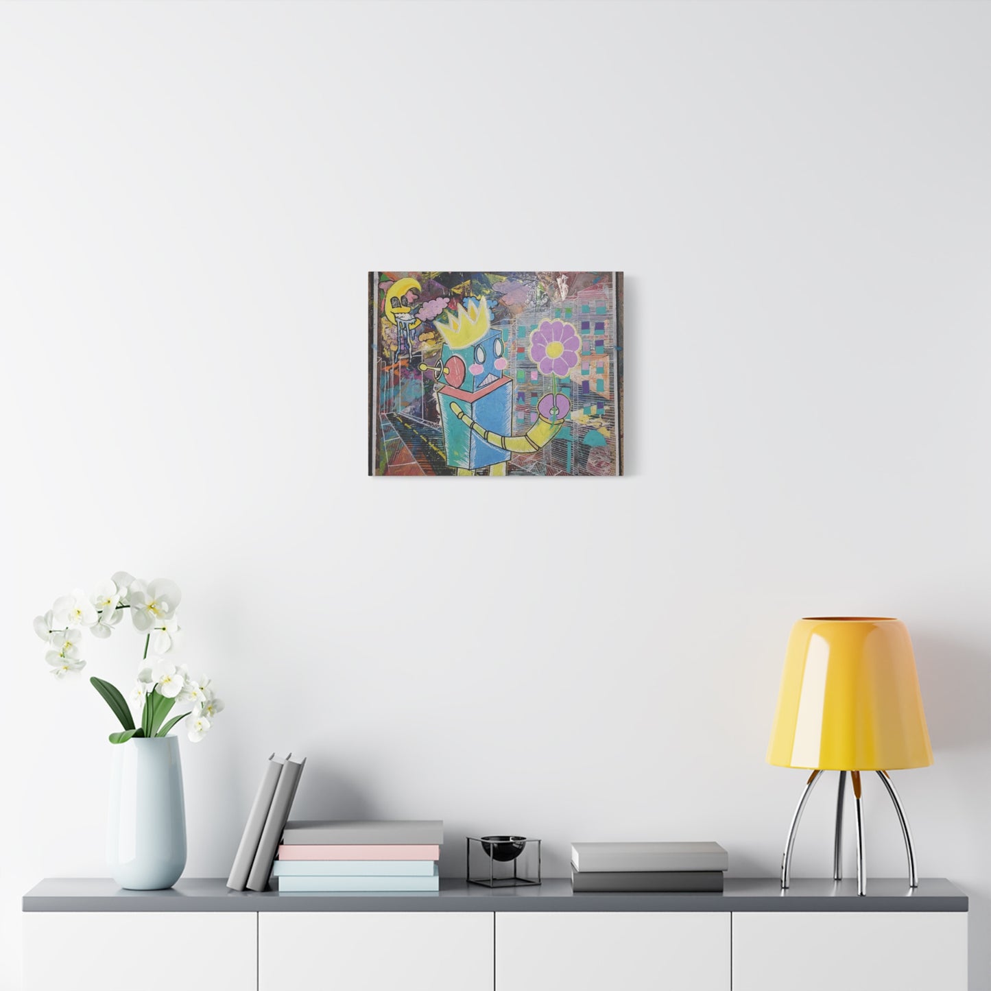 Whimsical Robot Matte Canvas Art — Playful Blue & Yellow Robot with Flower on Geometric Abstract Background