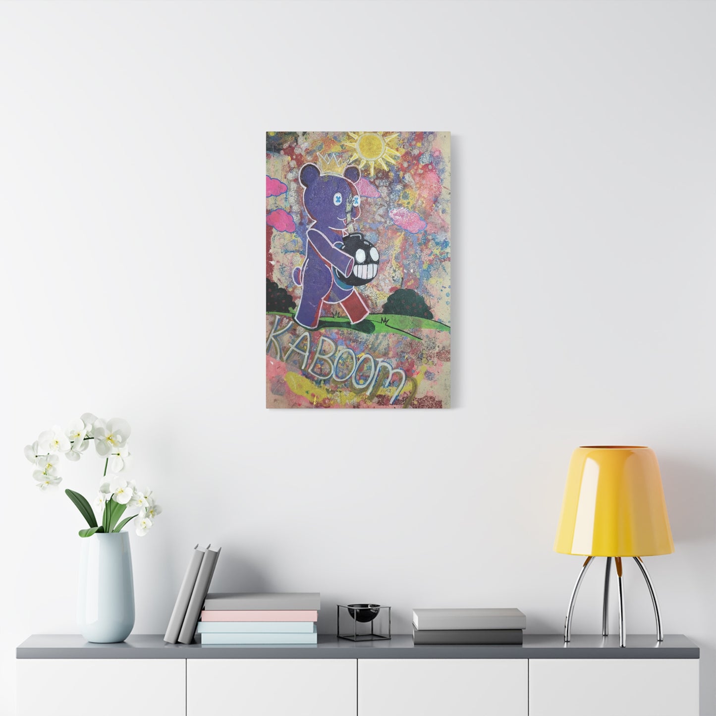 Teddy Bear’s Picnic Stretched Matte Canvas — Cute-but-Edgy Crowned Bear with Smiling Bomb Artwork