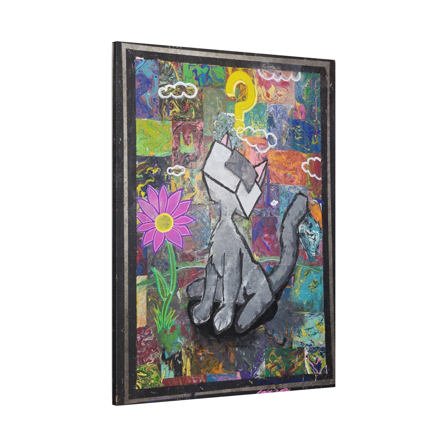 A Curious Cubed Cat Matte Canvas Art - Pop Surreal Cat with Yellow Question Mark