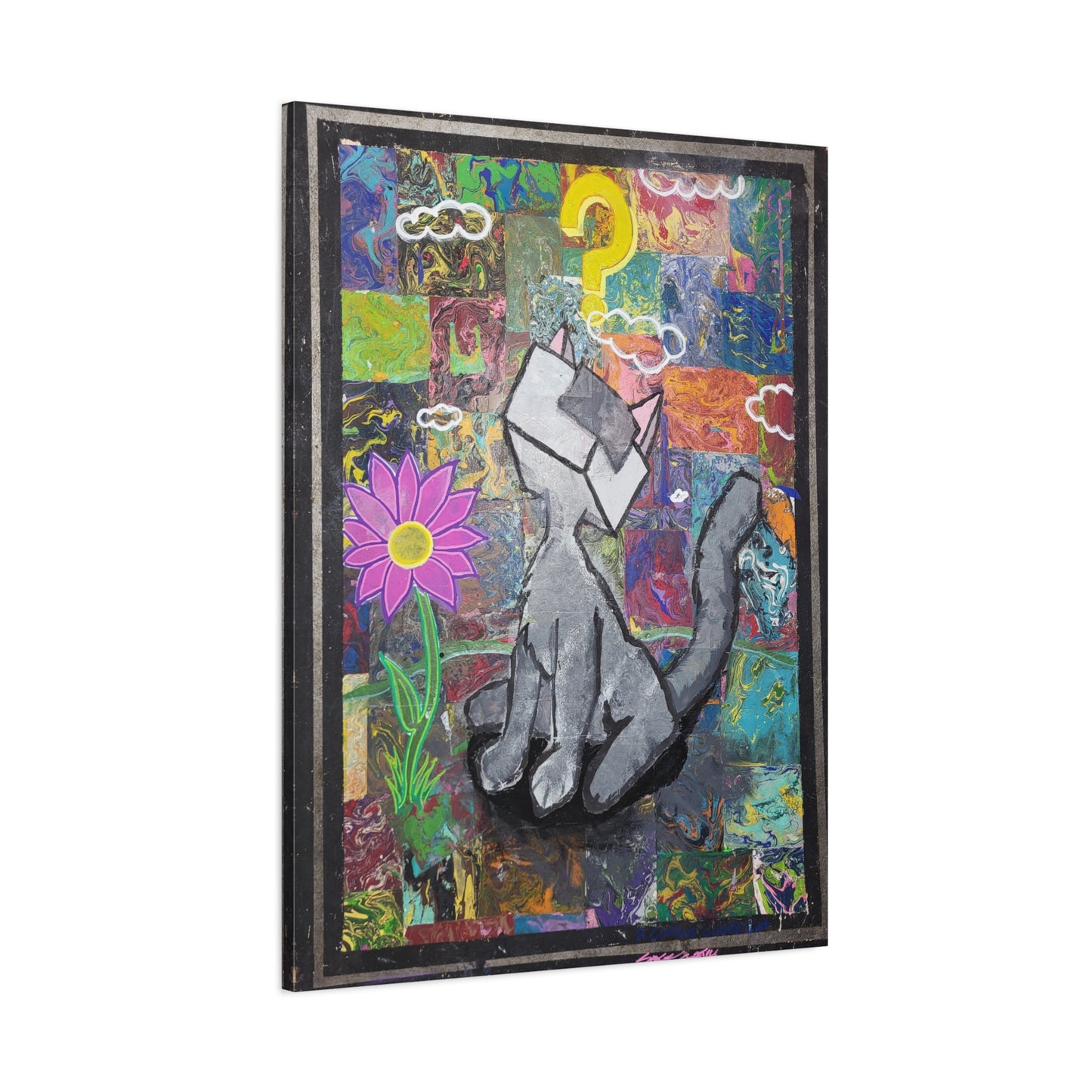 A Curious Cubed Cat Matte Canvas Art - Pop Surreal Cat with Yellow Question Mark