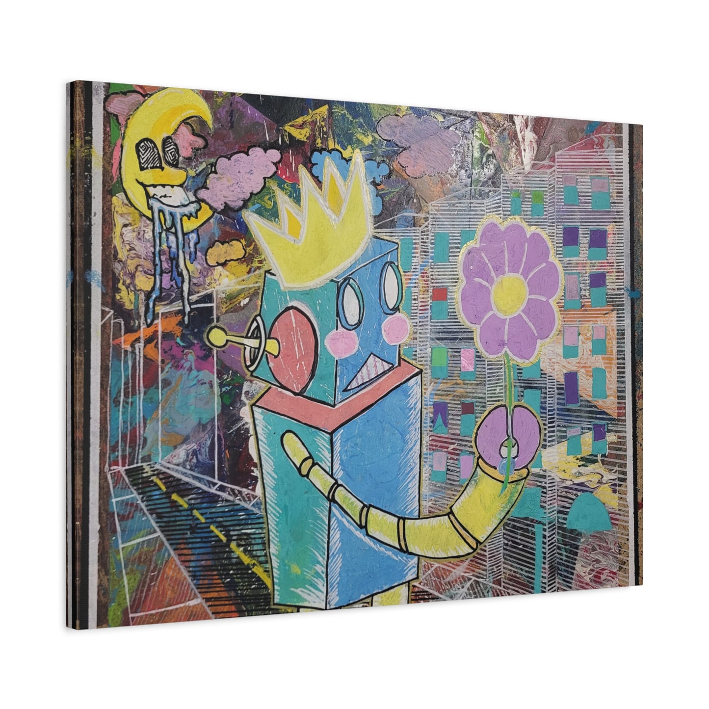 Whimsical Robot Matte Canvas Art — Playful Blue & Yellow Robot with Flower on Geometric Abstract Background