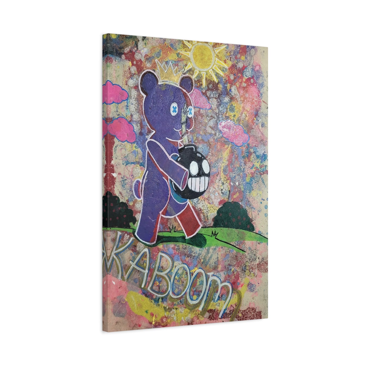 Teddy Bear’s Picnic Stretched Matte Canvas — Cute-but-Edgy Crowned Bear with Smiling Bomb Artwork