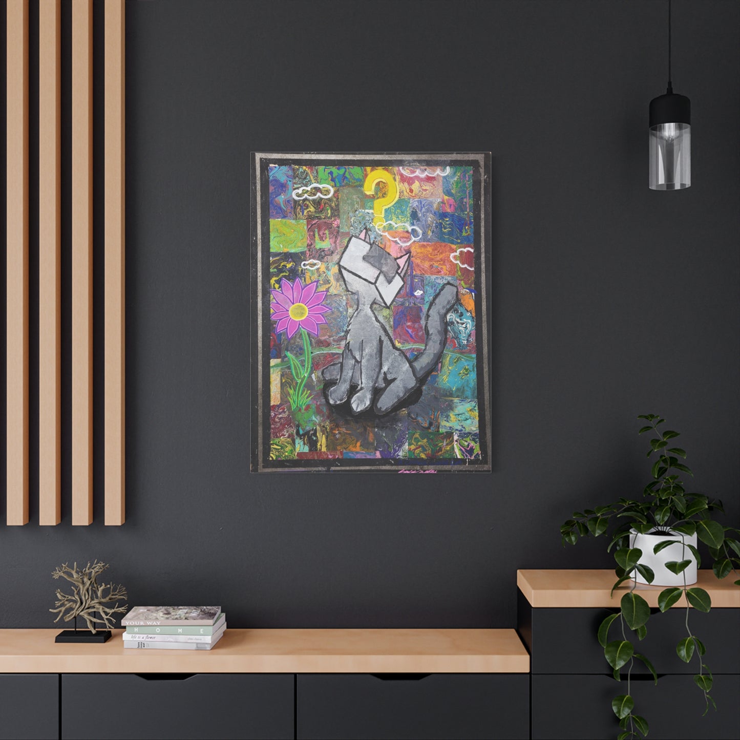 A Curious Cubed Cat Matte Canvas Art - Pop Surreal Cat with Yellow Question Mark