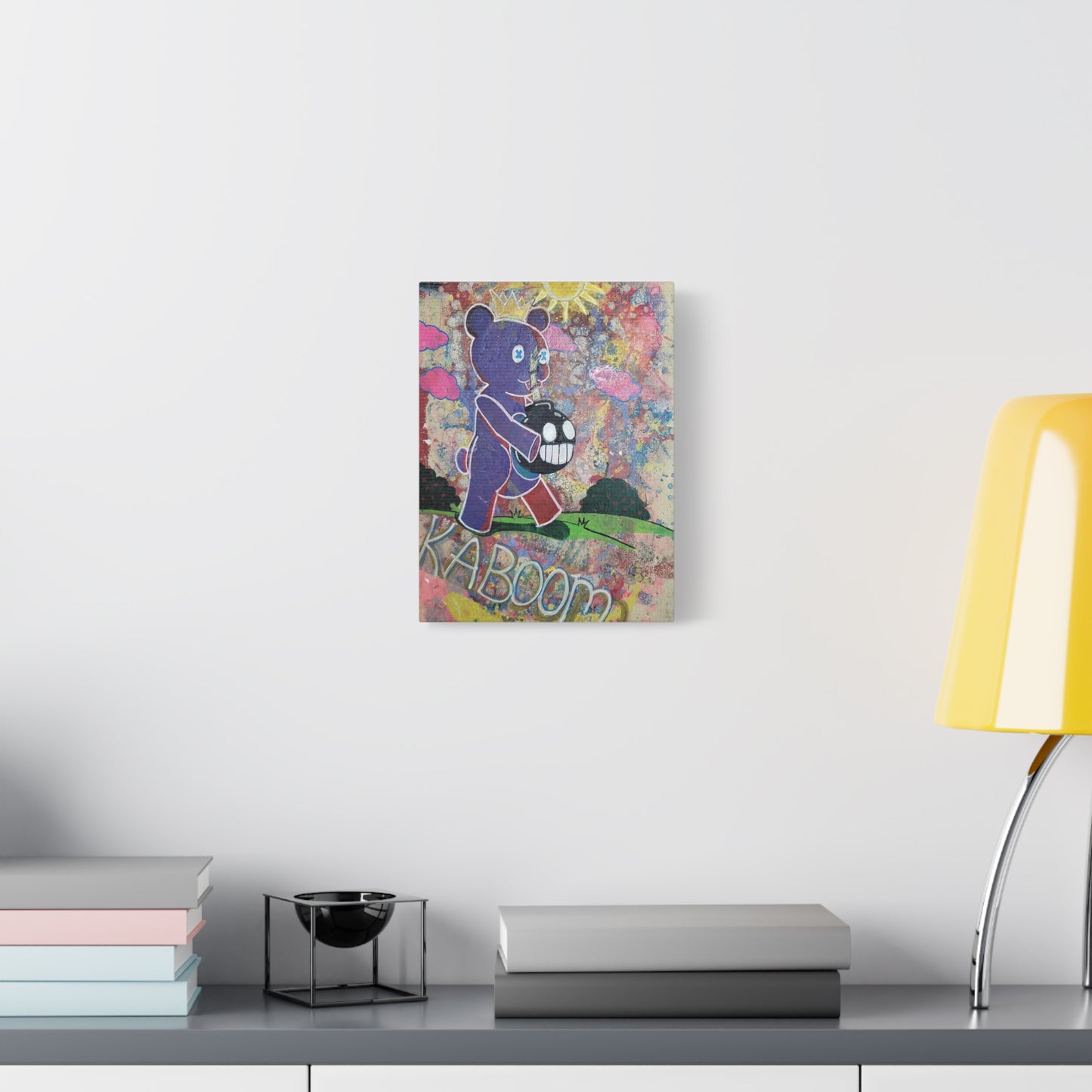 Teddy Bear’s Picnic Stretched Matte Canvas — Cute-but-Edgy Crowned Bear with Smiling Bomb Artwork