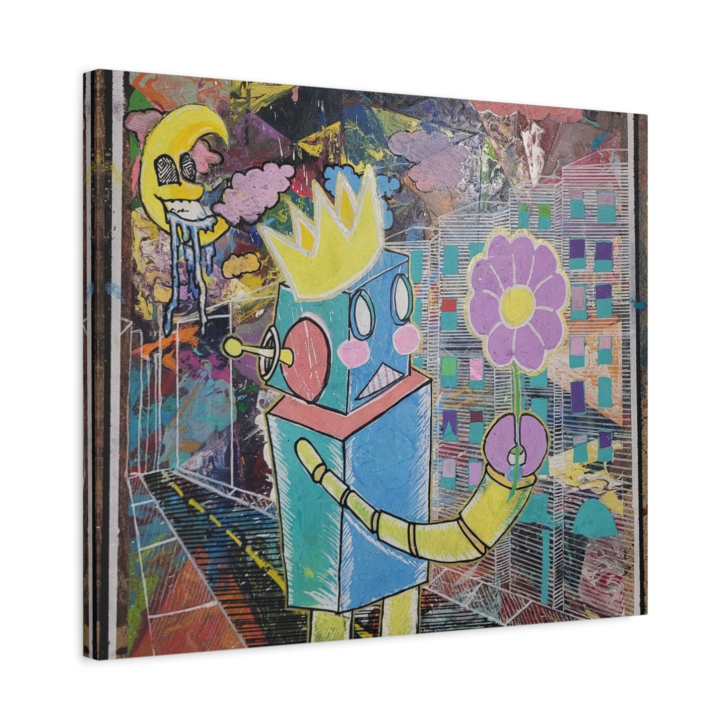 Whimsical Robot Matte Canvas Art — Playful Blue & Yellow Robot with Flower on Geometric Abstract Background