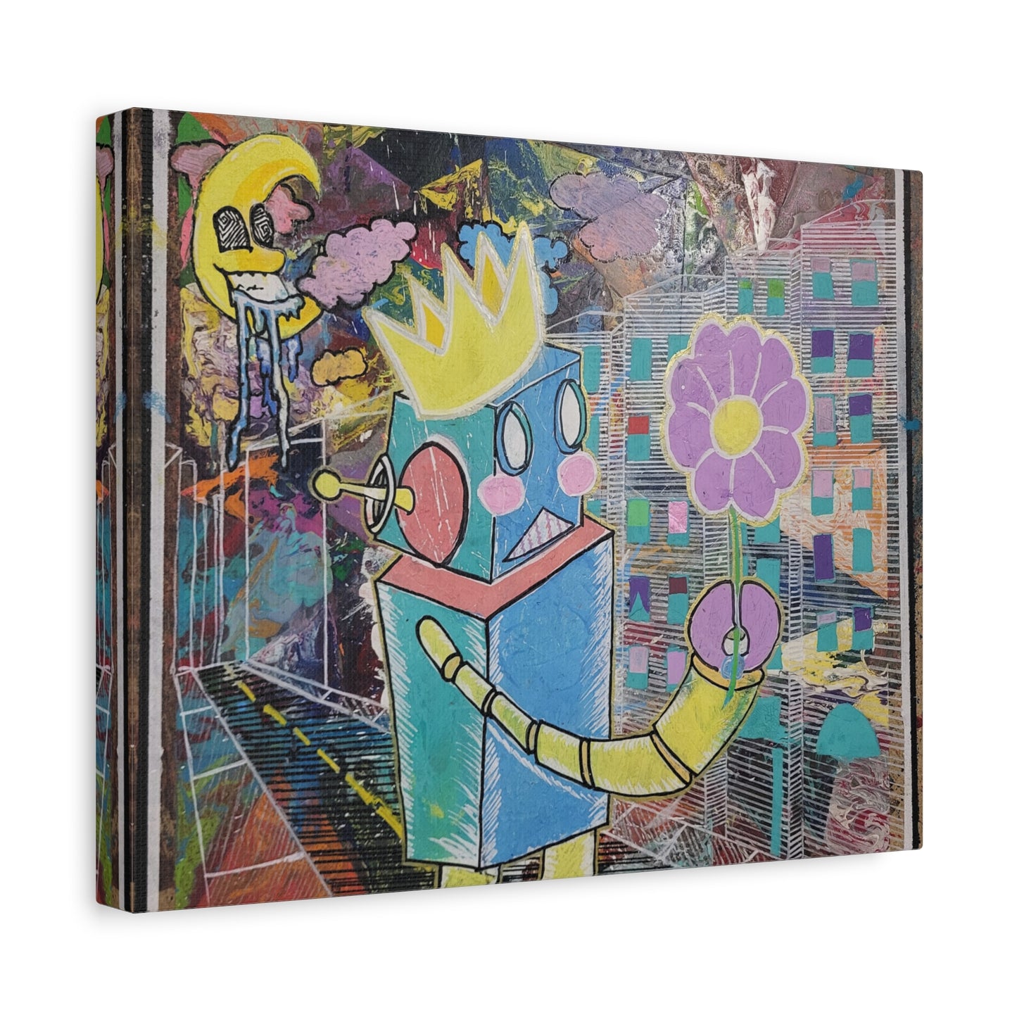 Whimsical Robot Matte Canvas Art — Playful Blue & Yellow Robot with Flower on Geometric Abstract Background