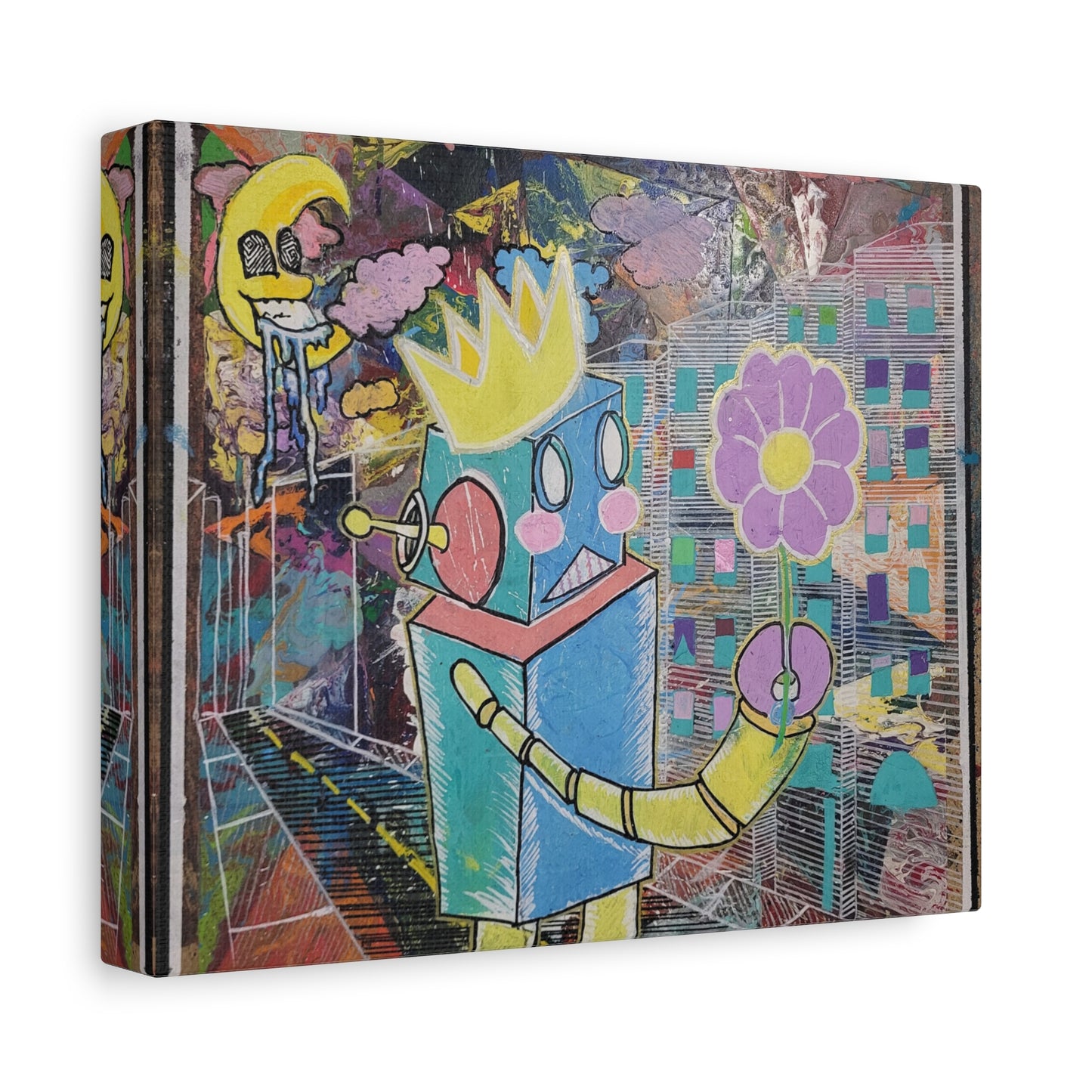 Whimsical Robot Matte Canvas Art — Playful Blue & Yellow Robot with Flower on Geometric Abstract Background