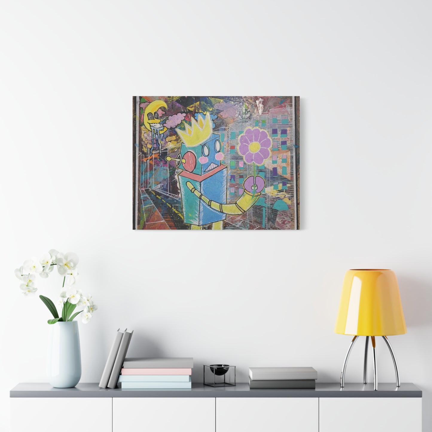 Whimsical Robot Matte Canvas Art — Playful Blue & Yellow Robot with Flower on Geometric Abstract Background