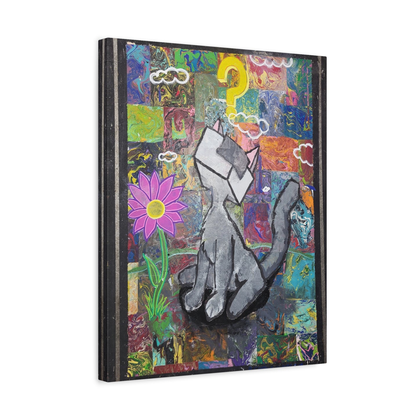 A Curious Cubed Cat Matte Canvas Art - Pop Surreal Cat with Yellow Question Mark