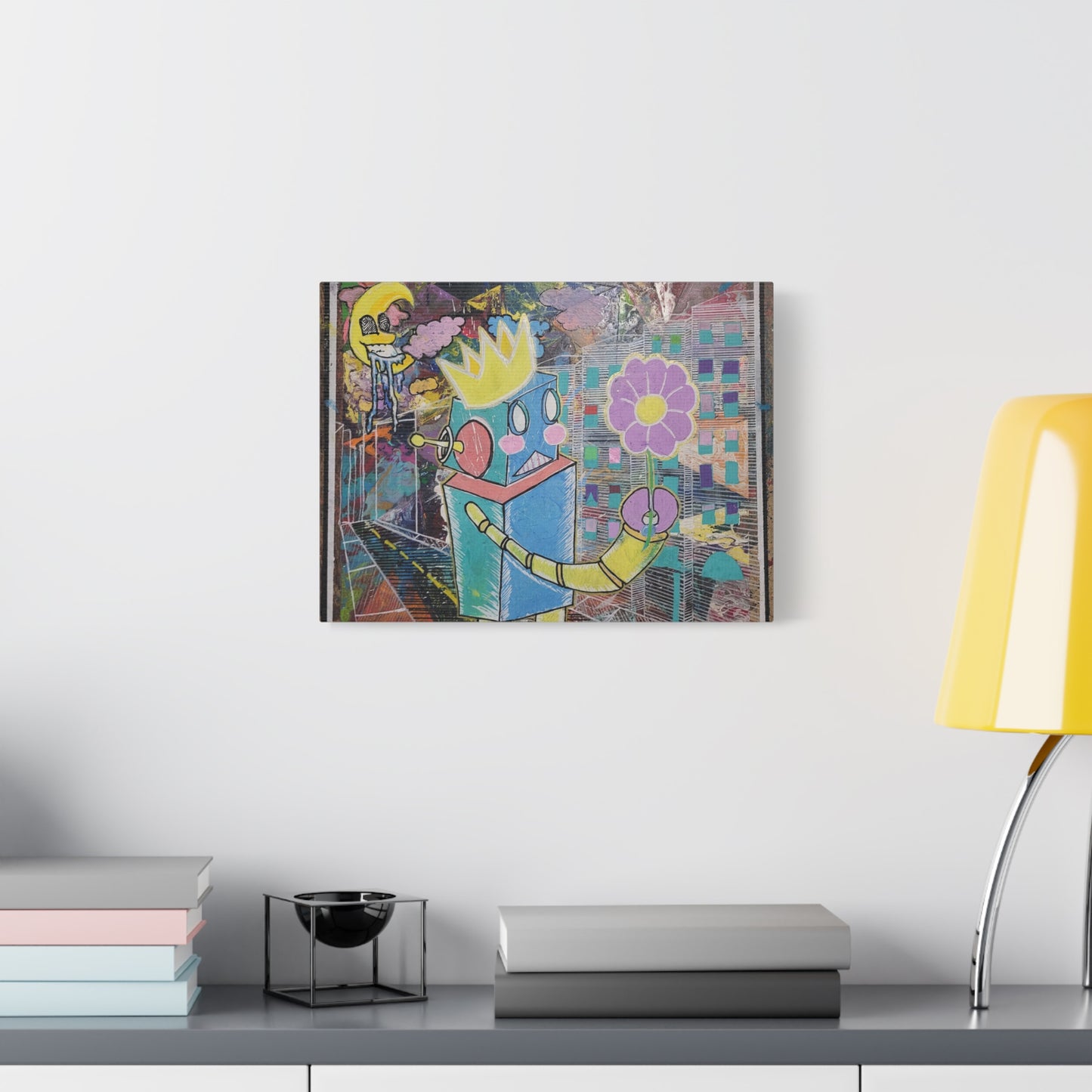 Whimsical Robot Matte Canvas Art — Playful Blue & Yellow Robot with Flower on Geometric Abstract Background