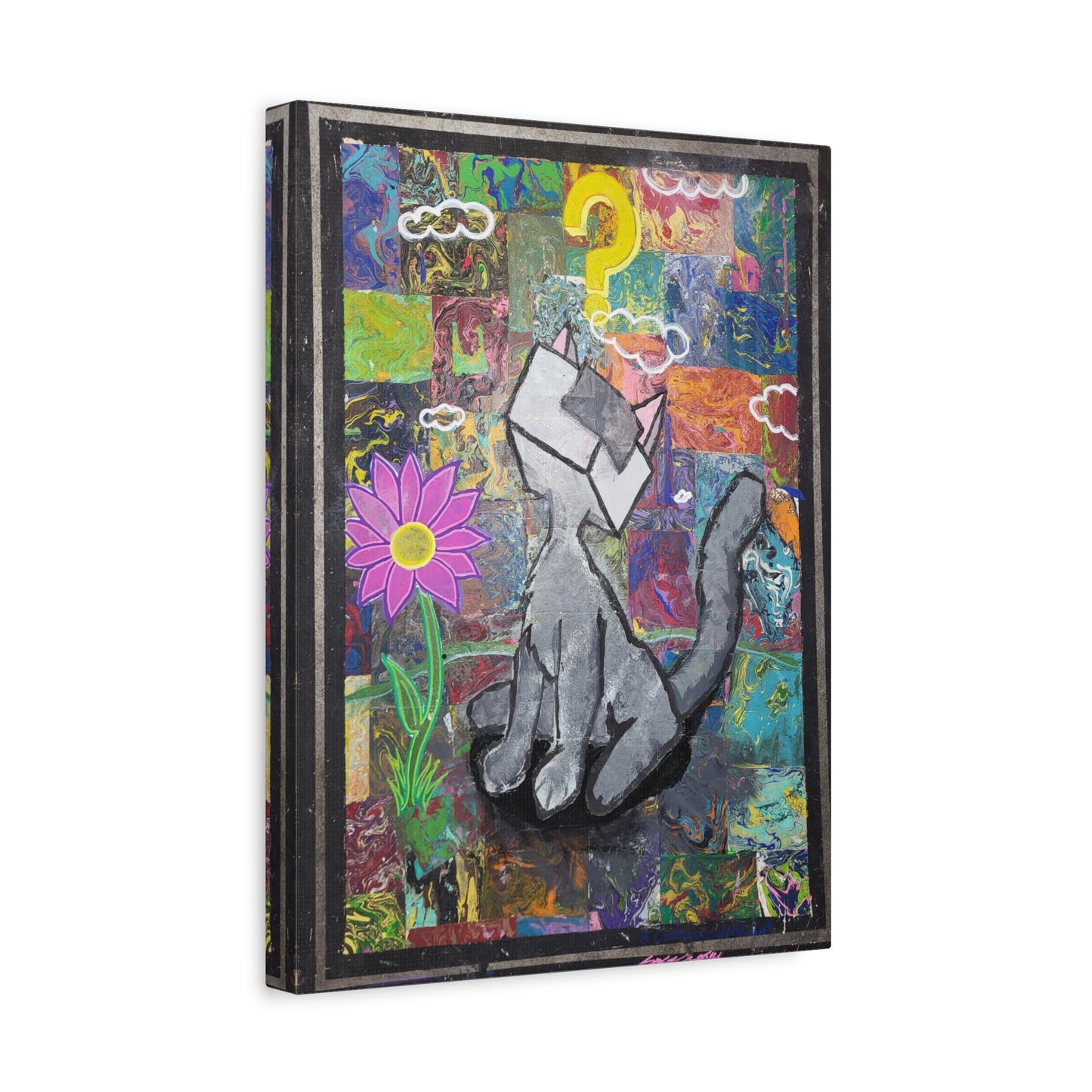 A Curious Cubed Cat Matte Canvas Art - Pop Surreal Cat with Yellow Question Mark