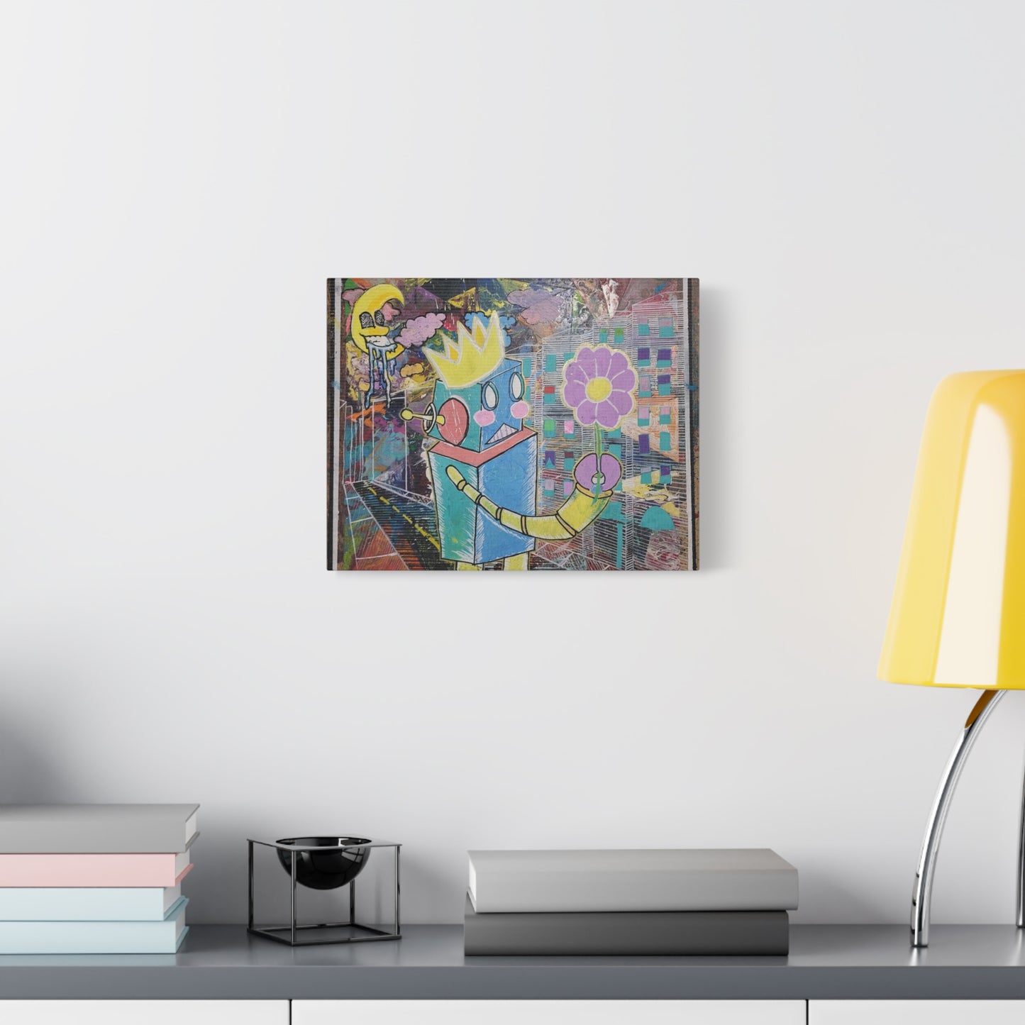 Whimsical Robot Matte Canvas Art — Playful Blue & Yellow Robot with Flower on Geometric Abstract Background