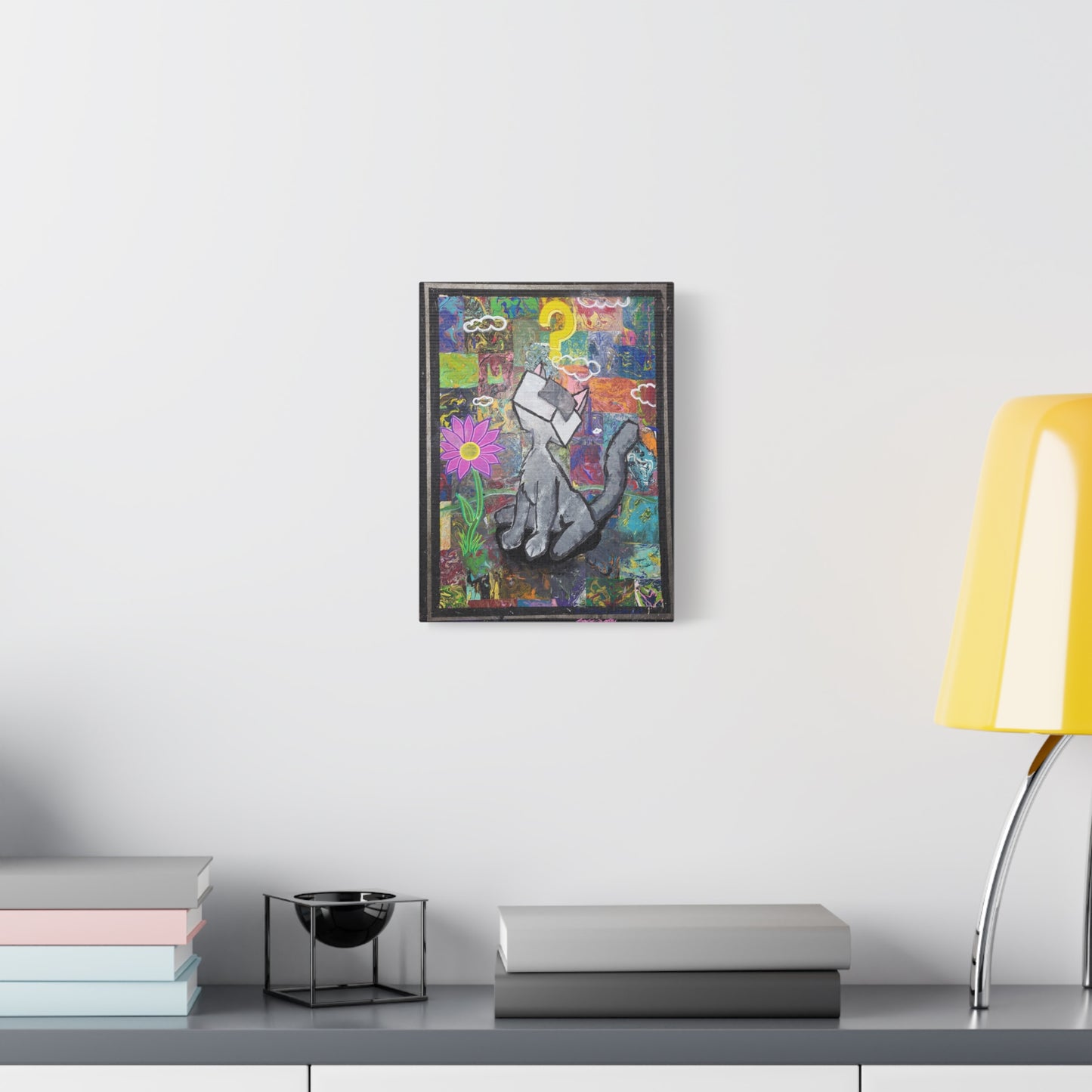 A Curious Cubed Cat Matte Canvas Art - Pop Surreal Cat with Yellow Question Mark