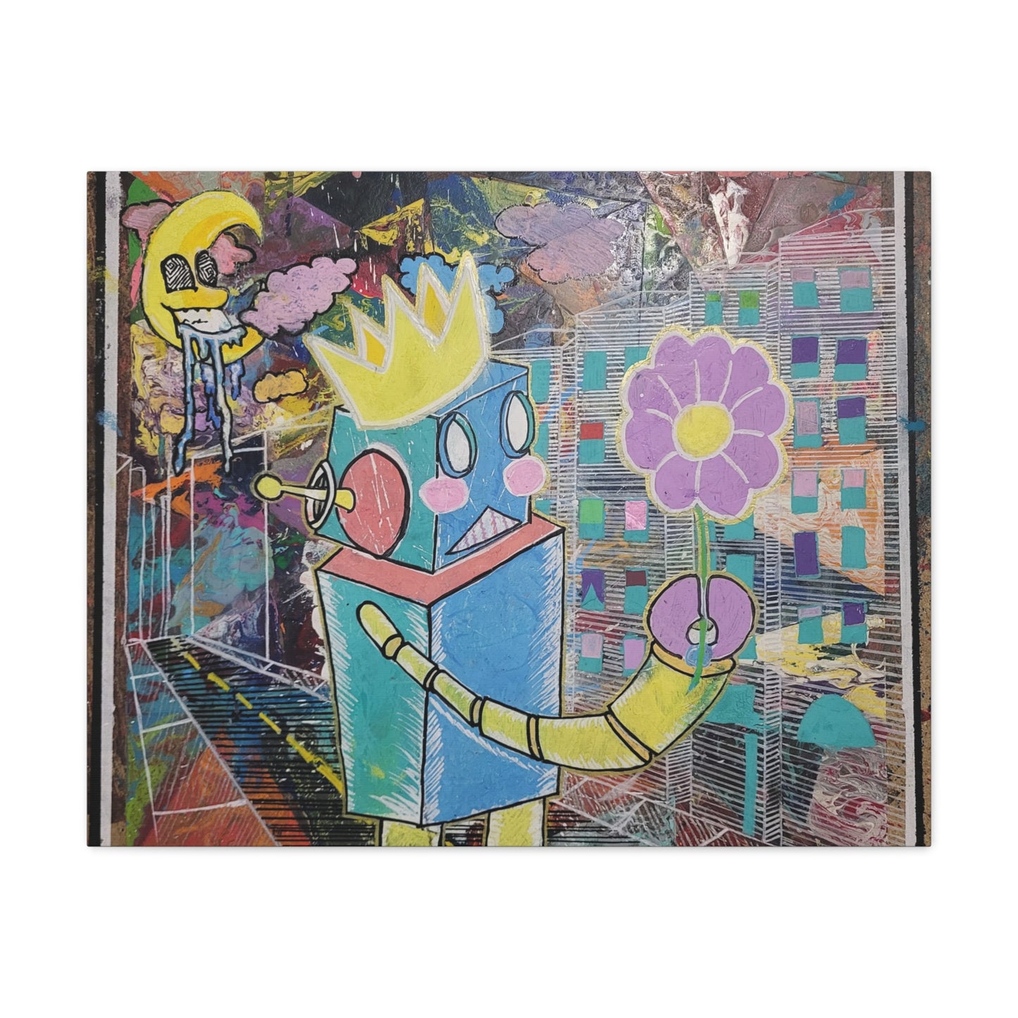 Whimsical Robot Matte Canvas Art — Playful Blue & Yellow Robot with Flower on Geometric Abstract Background