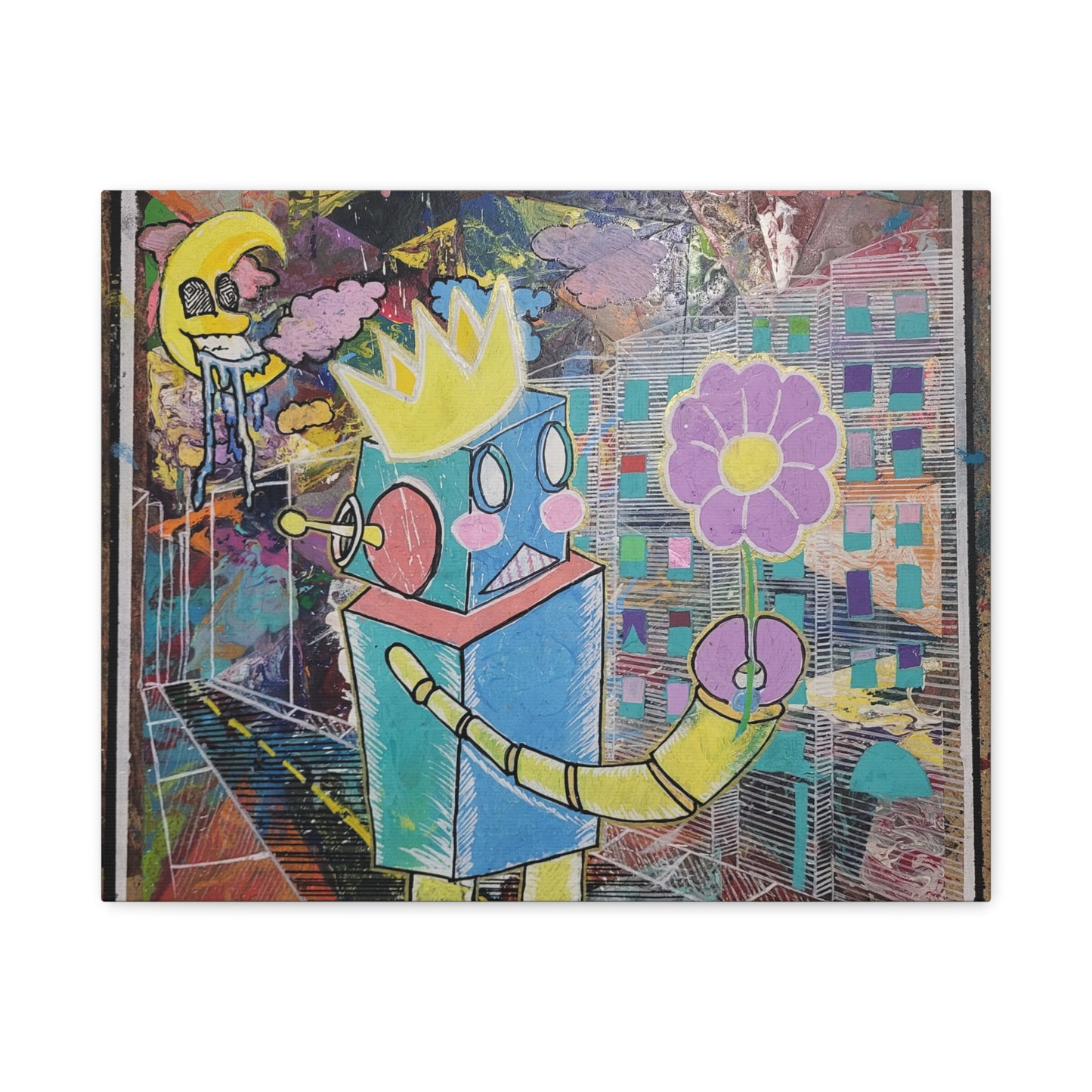 Whimsical Robot Matte Canvas Art — Playful Blue & Yellow Robot with Flower on Geometric Abstract Background