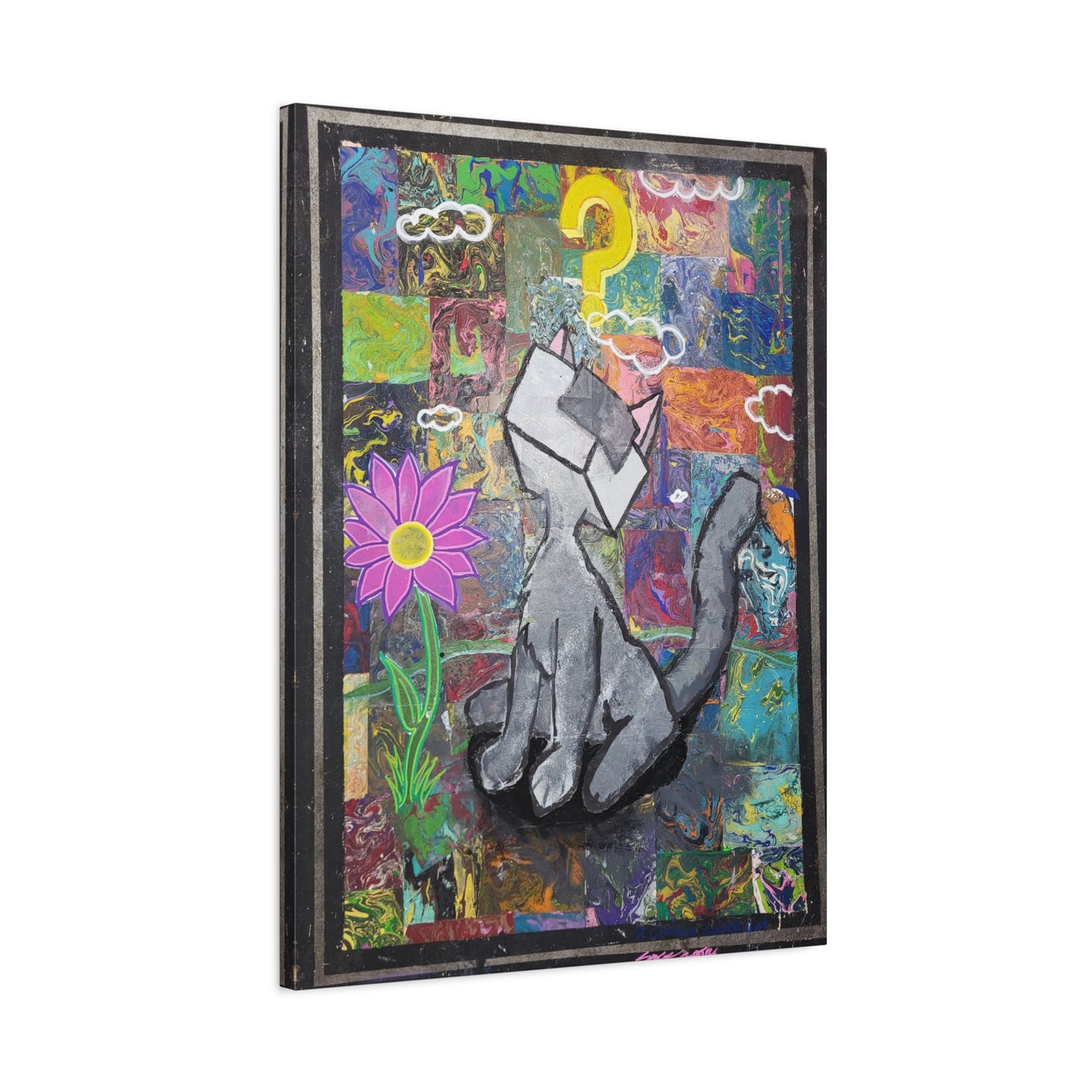 A Curious Cubed Cat Matte Canvas Art - Pop Surreal Cat with Yellow Question Mark