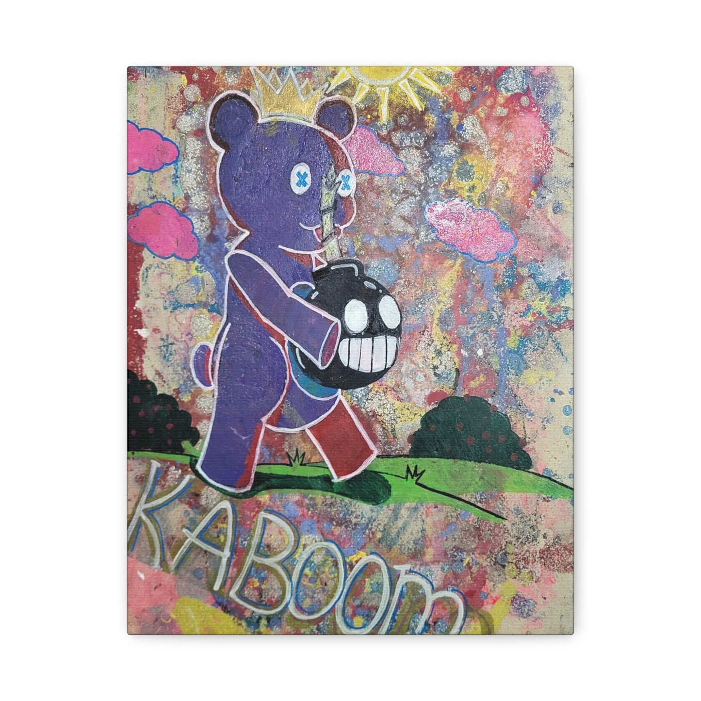 Teddy Bear’s Picnic Stretched Matte Canvas — Cute-but-Edgy Crowned Bear with Smiling Bomb Artwork