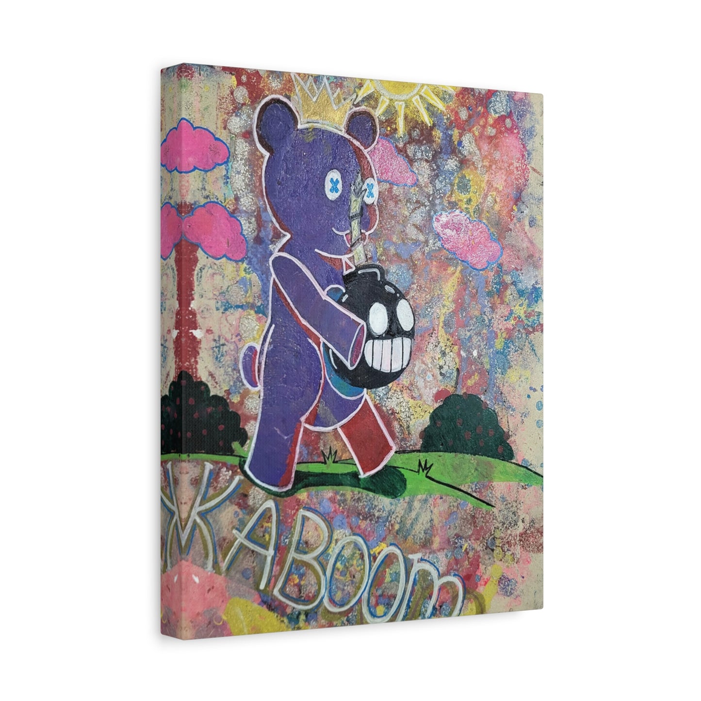 Teddy Bear’s Picnic Stretched Matte Canvas — Cute-but-Edgy Crowned Bear with Smiling Bomb Artwork