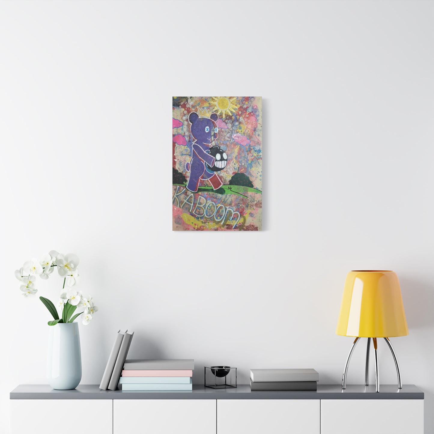 Teddy Bear’s Picnic Stretched Matte Canvas — Cute-but-Edgy Crowned Bear with Smiling Bomb Artwork