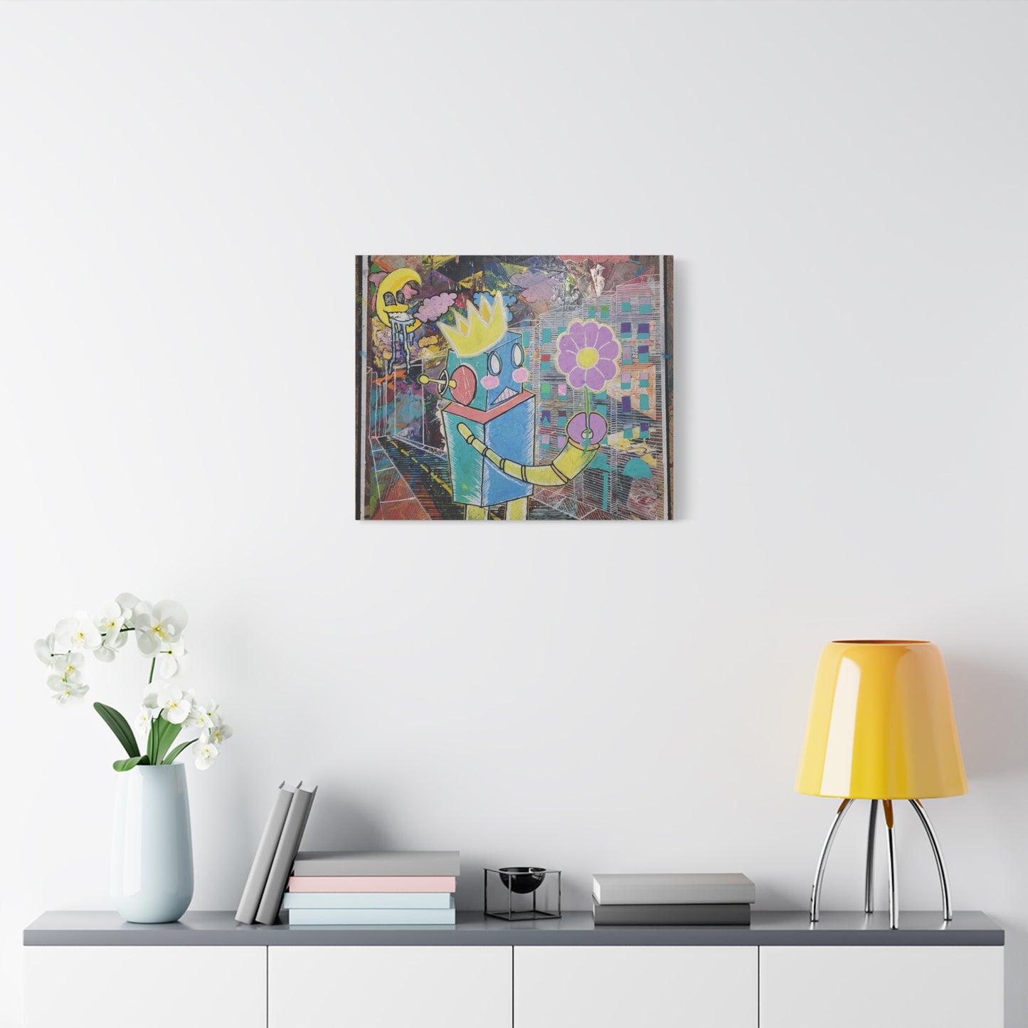 Whimsical Robot Matte Canvas Art — Playful Blue & Yellow Robot with Flower on Geometric Abstract Background