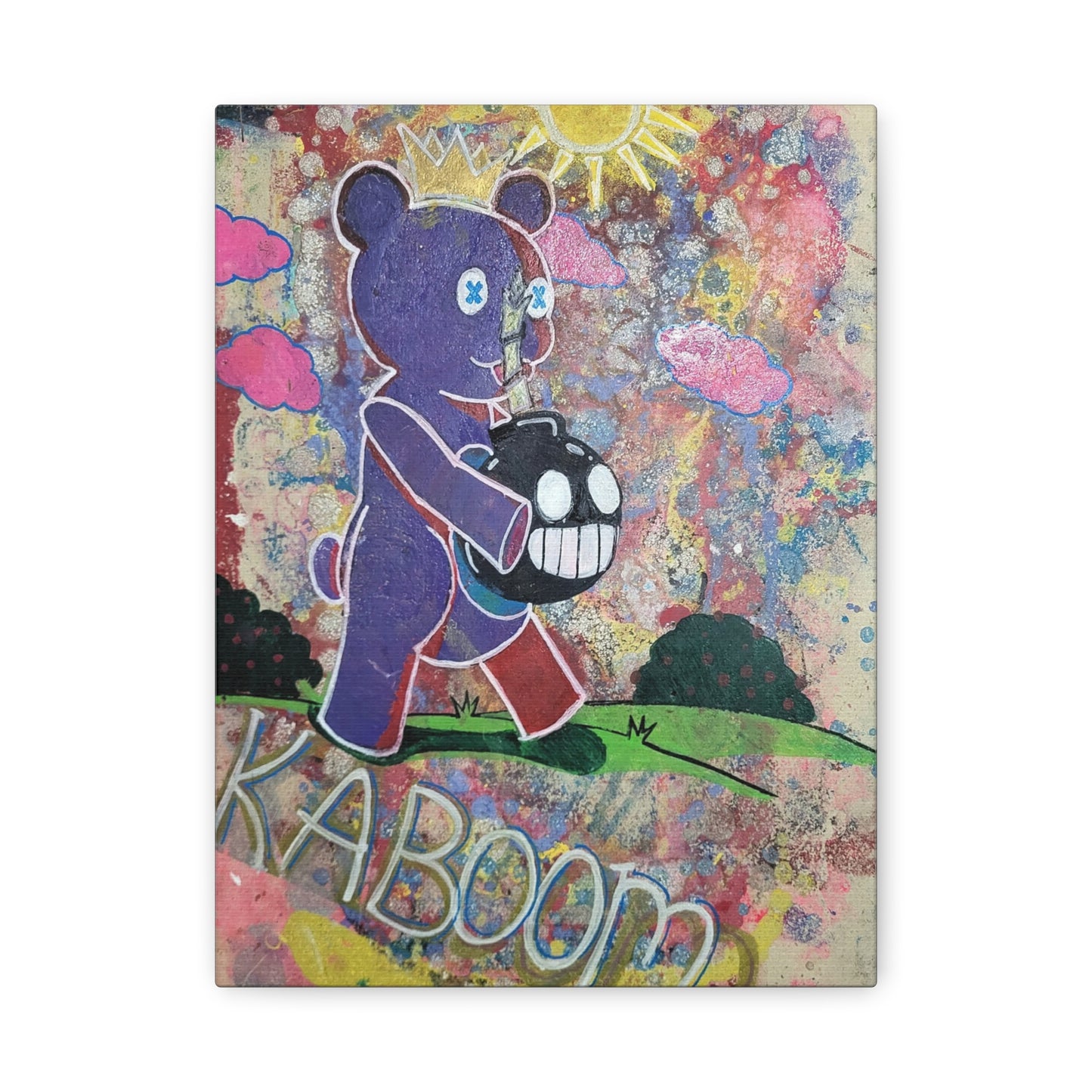 Teddy Bear’s Picnic Stretched Matte Canvas — Cute-but-Edgy Crowned Bear with Smiling Bomb Artwork