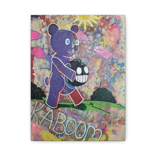 Teddy Bear’s Picnic Stretched Matte Canvas — Cute-but-Edgy Crowned Bear with Smiling Bomb Artwork