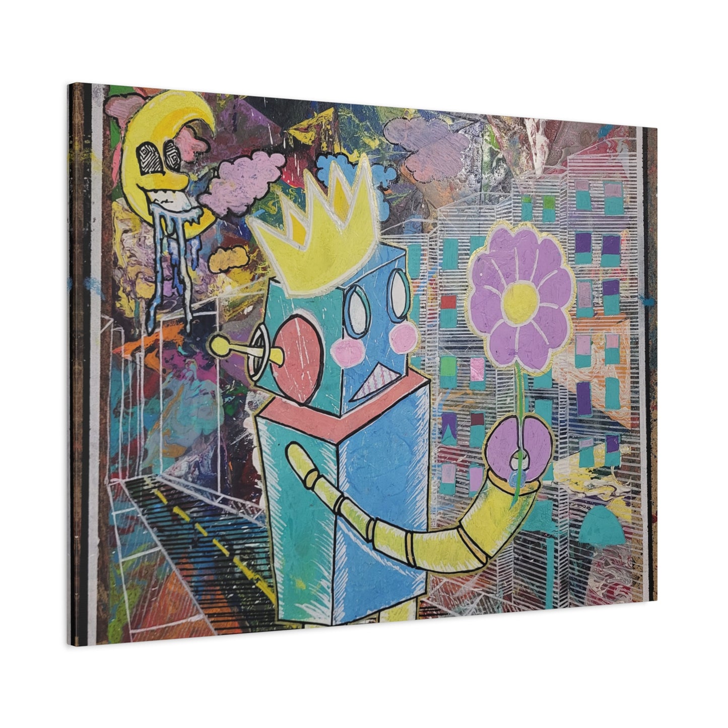 Whimsical Robot Matte Canvas Art — Playful Blue & Yellow Robot with Flower on Geometric Abstract Background