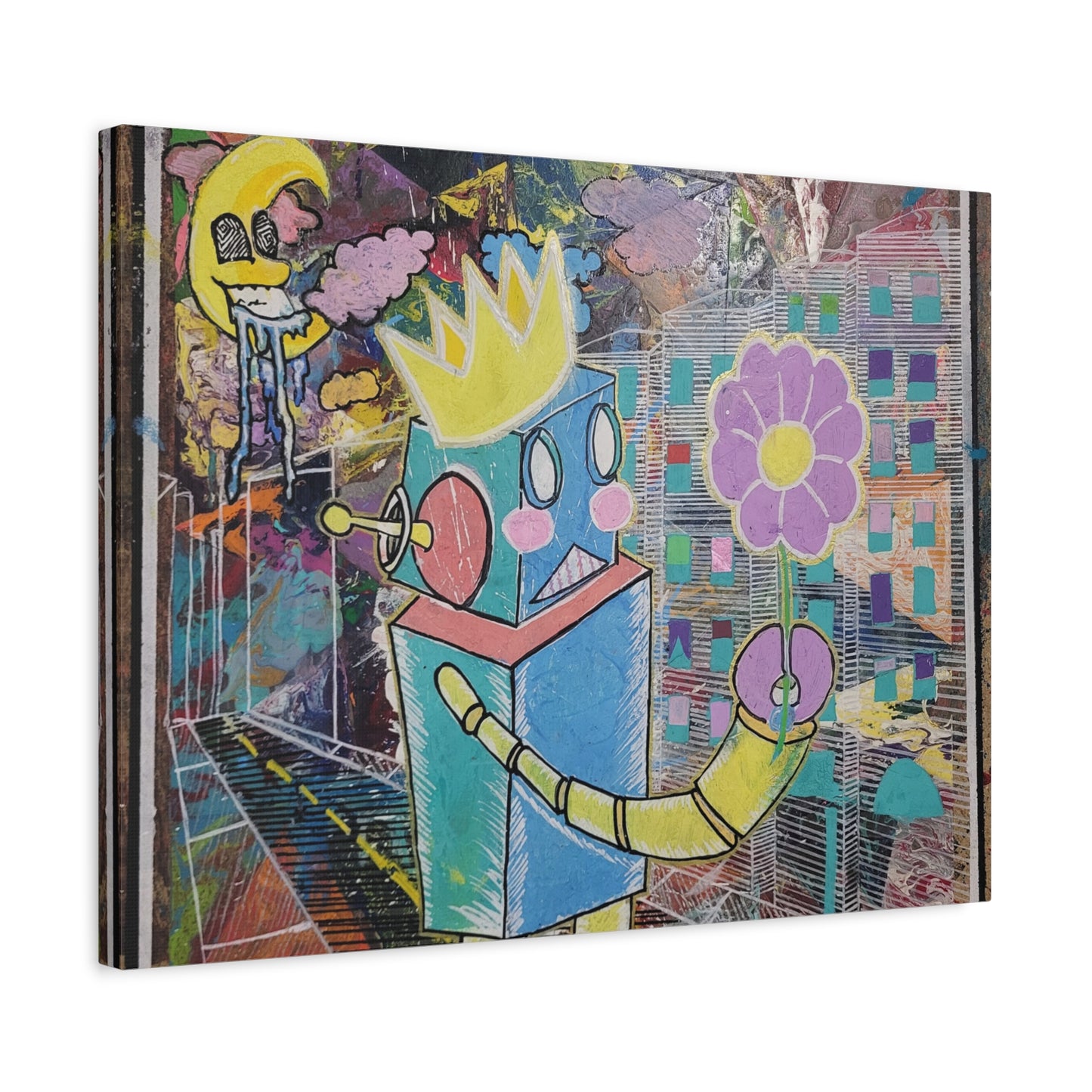 Whimsical Robot Matte Canvas Art — Playful Blue & Yellow Robot with Flower on Geometric Abstract Background