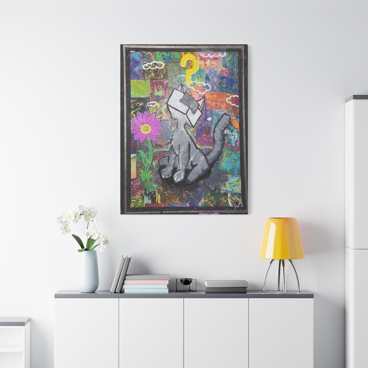 A Curious Cubed Cat Matte Canvas Art - Pop Surreal Cat with Yellow Question Mark