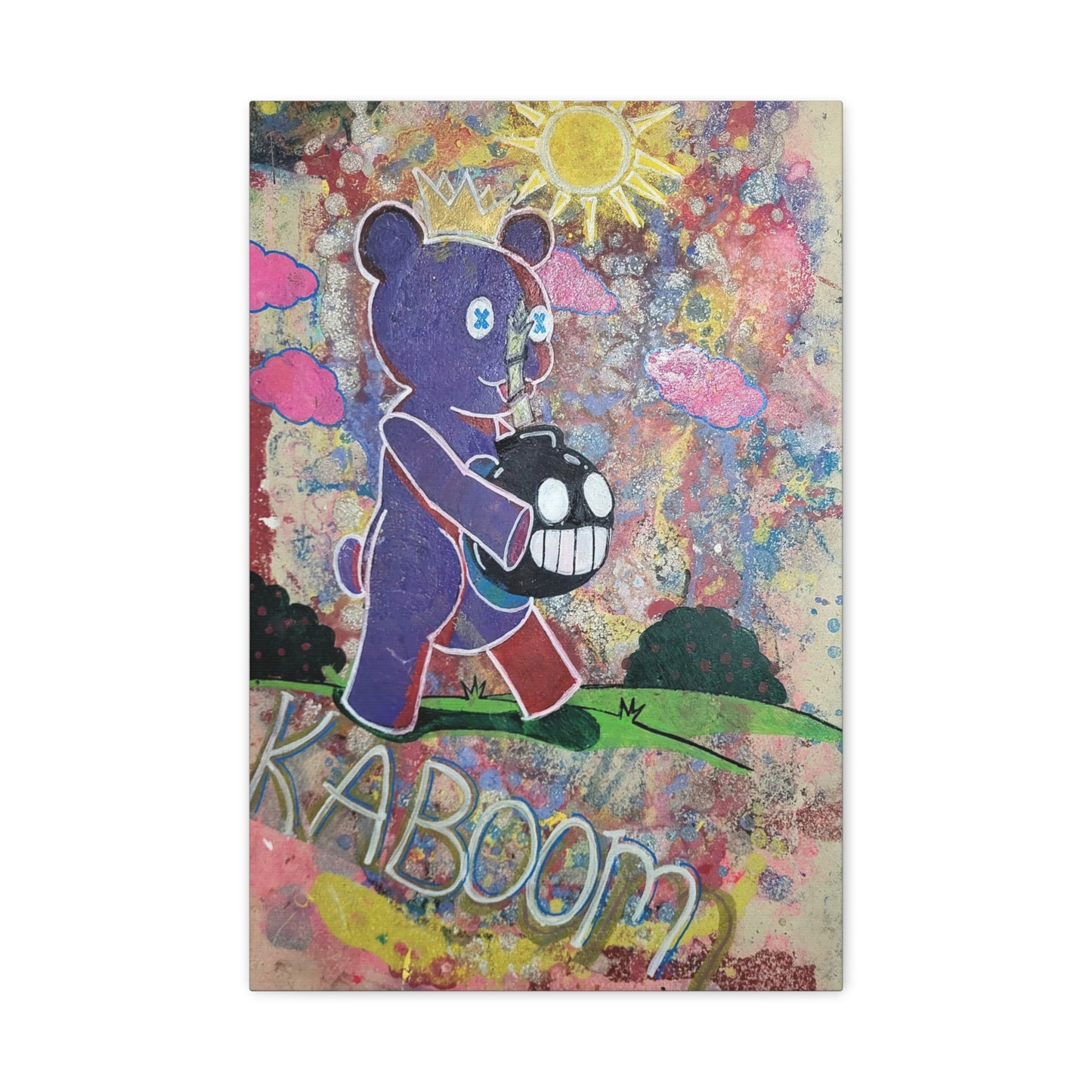 Teddy Bear’s Picnic Stretched Matte Canvas — Cute-but-Edgy Crowned Bear with Smiling Bomb Artwork