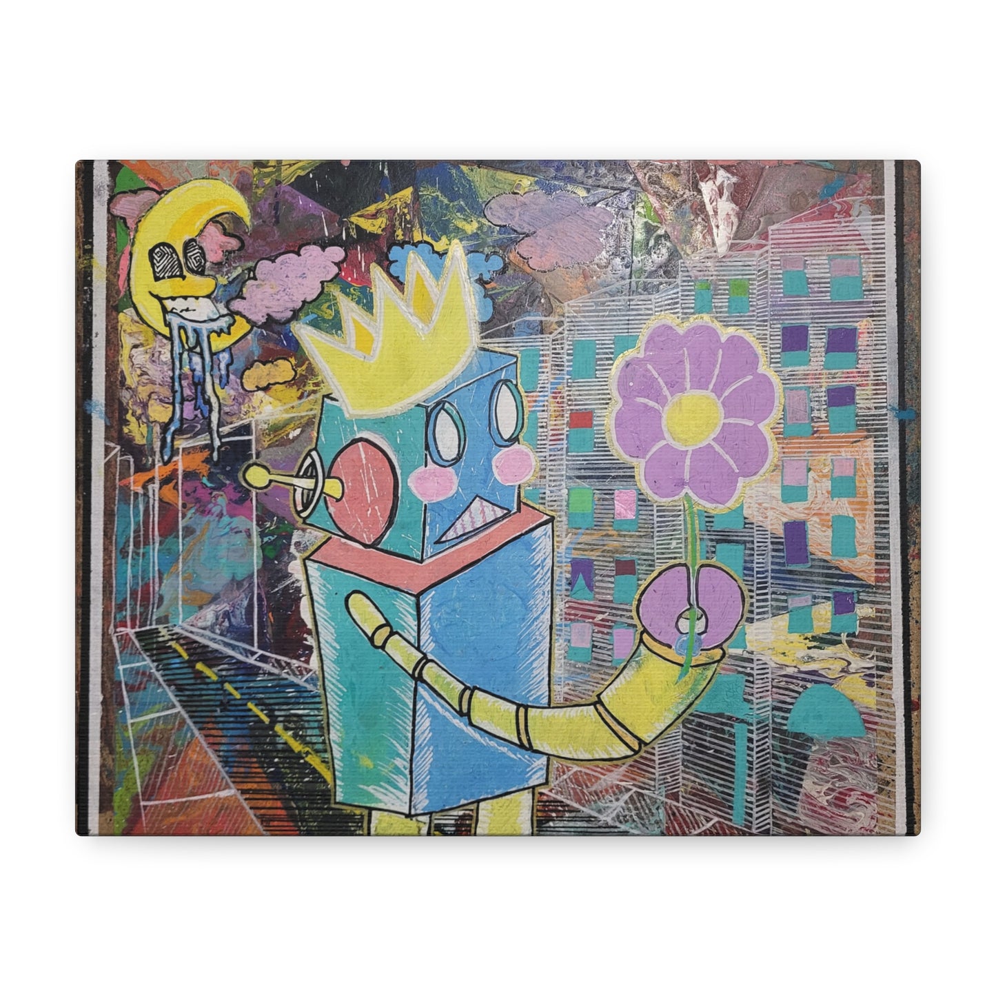 Whimsical Robot Matte Canvas Art — Playful Blue & Yellow Robot with Flower on Geometric Abstract Background
