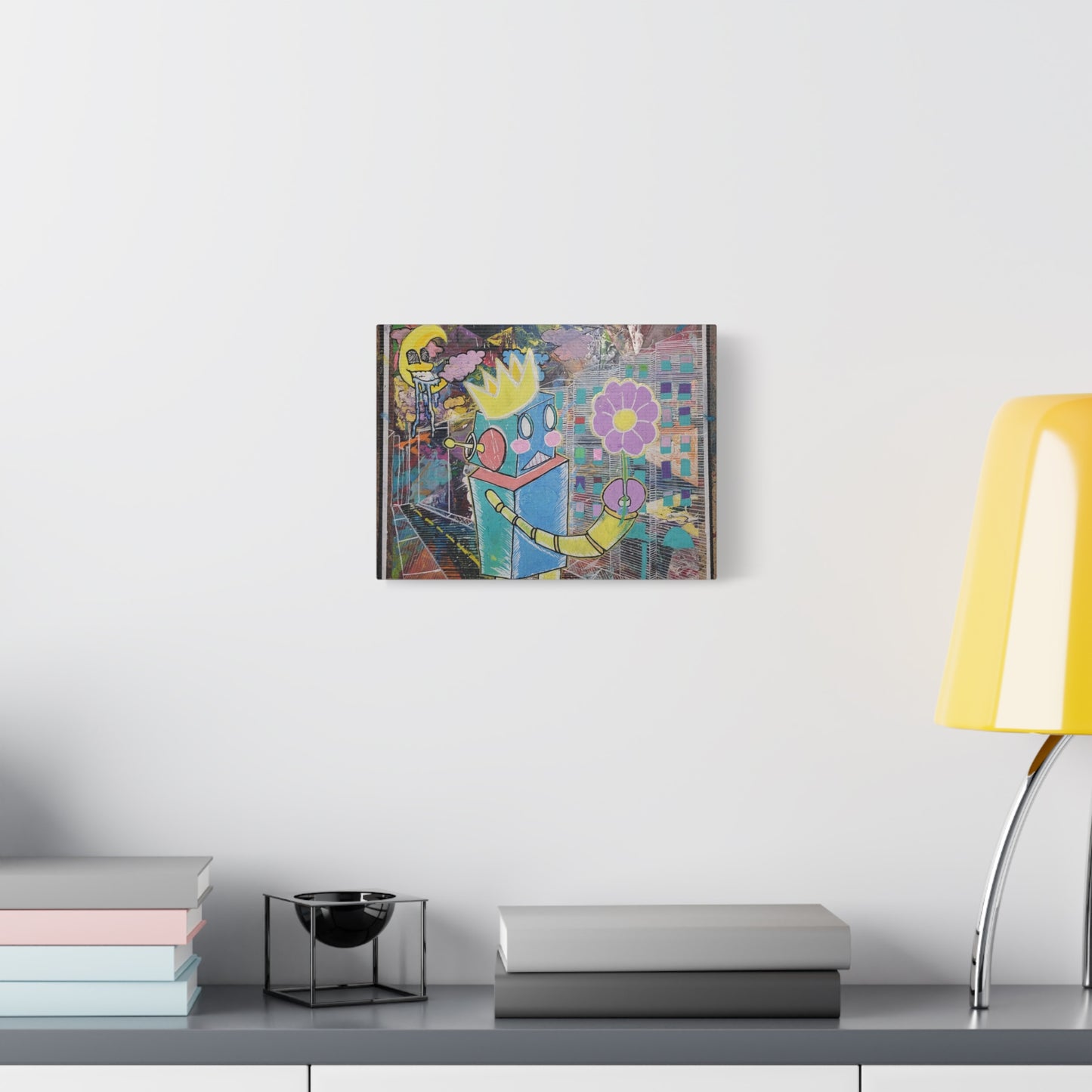 Whimsical Robot Matte Canvas Art — Playful Blue & Yellow Robot with Flower on Geometric Abstract Background