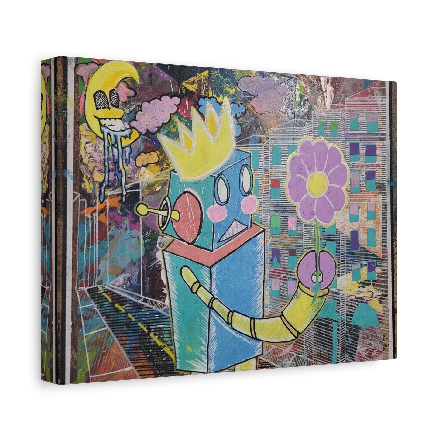 Whimsical Robot Matte Canvas Art — Playful Blue & Yellow Robot with Flower on Geometric Abstract Background