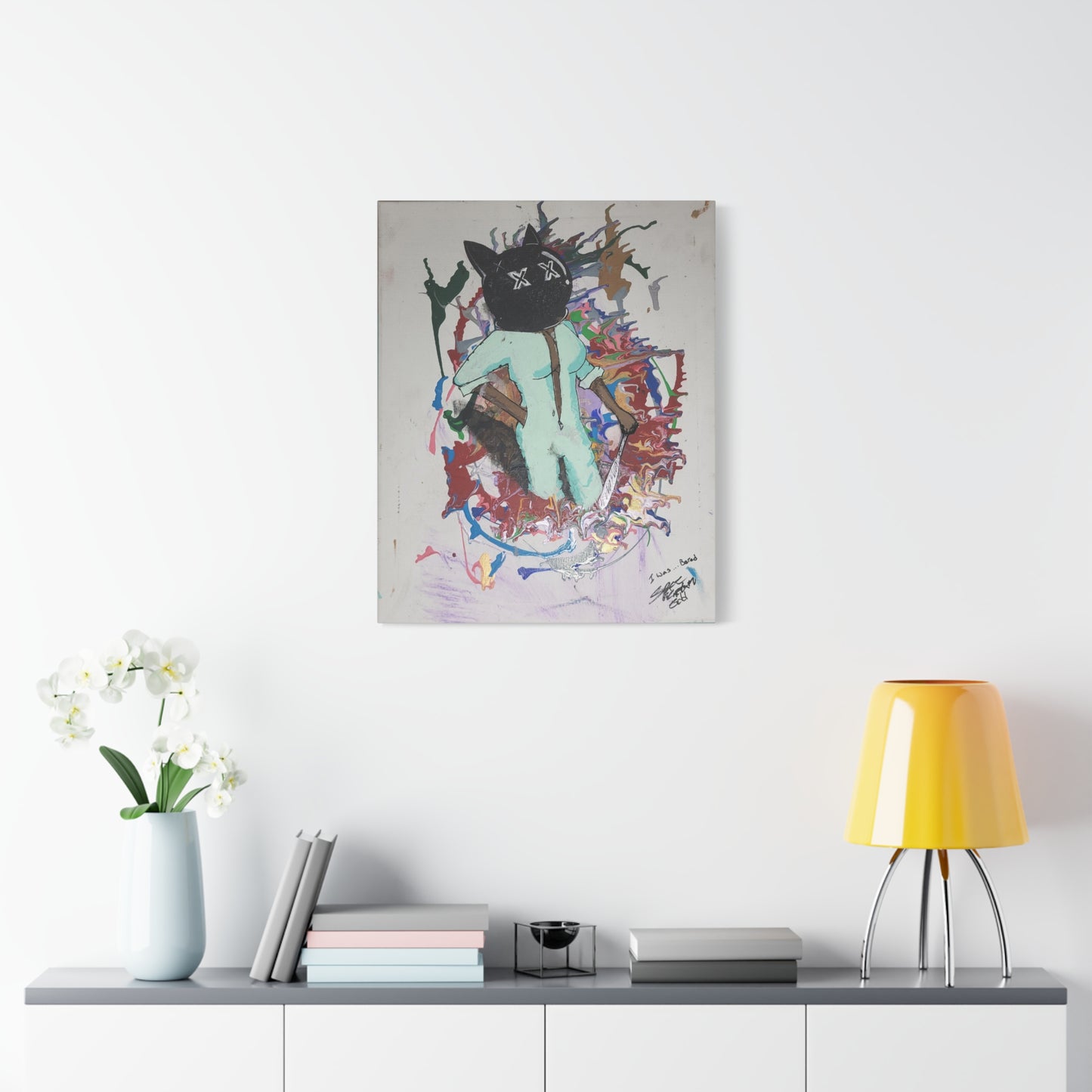 Stretched Canvas Art - "I Was…Bored" Cat Character Pop-Surreal Print