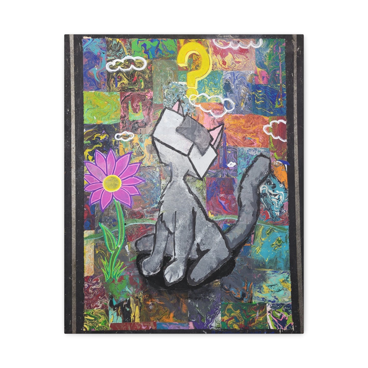 A Curious Cubed Cat Matte Canvas Art - Pop Surreal Cat with Yellow Question Mark