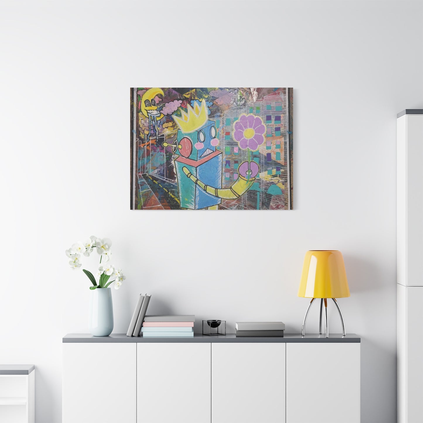 Whimsical Robot Matte Canvas Art — Playful Blue & Yellow Robot with Flower on Geometric Abstract Background