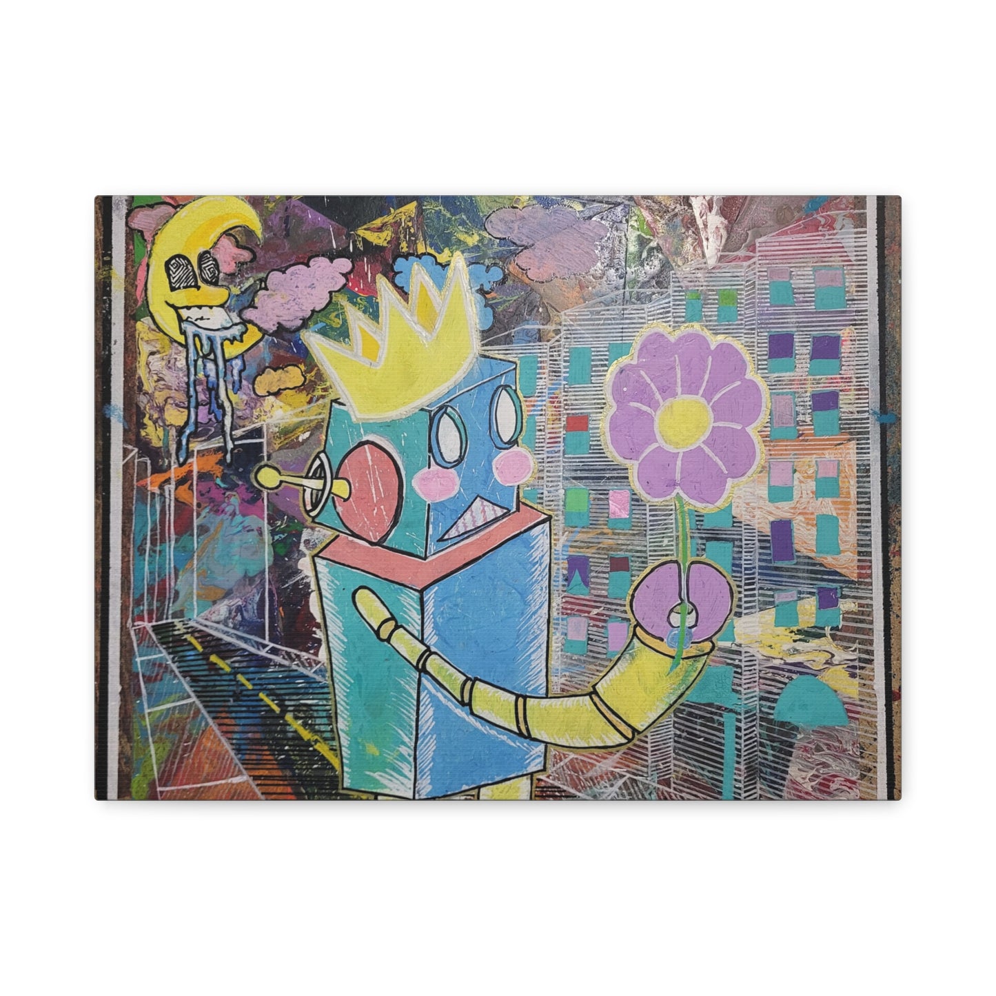 Whimsical Robot Matte Canvas Art — Playful Blue & Yellow Robot with Flower on Geometric Abstract Background